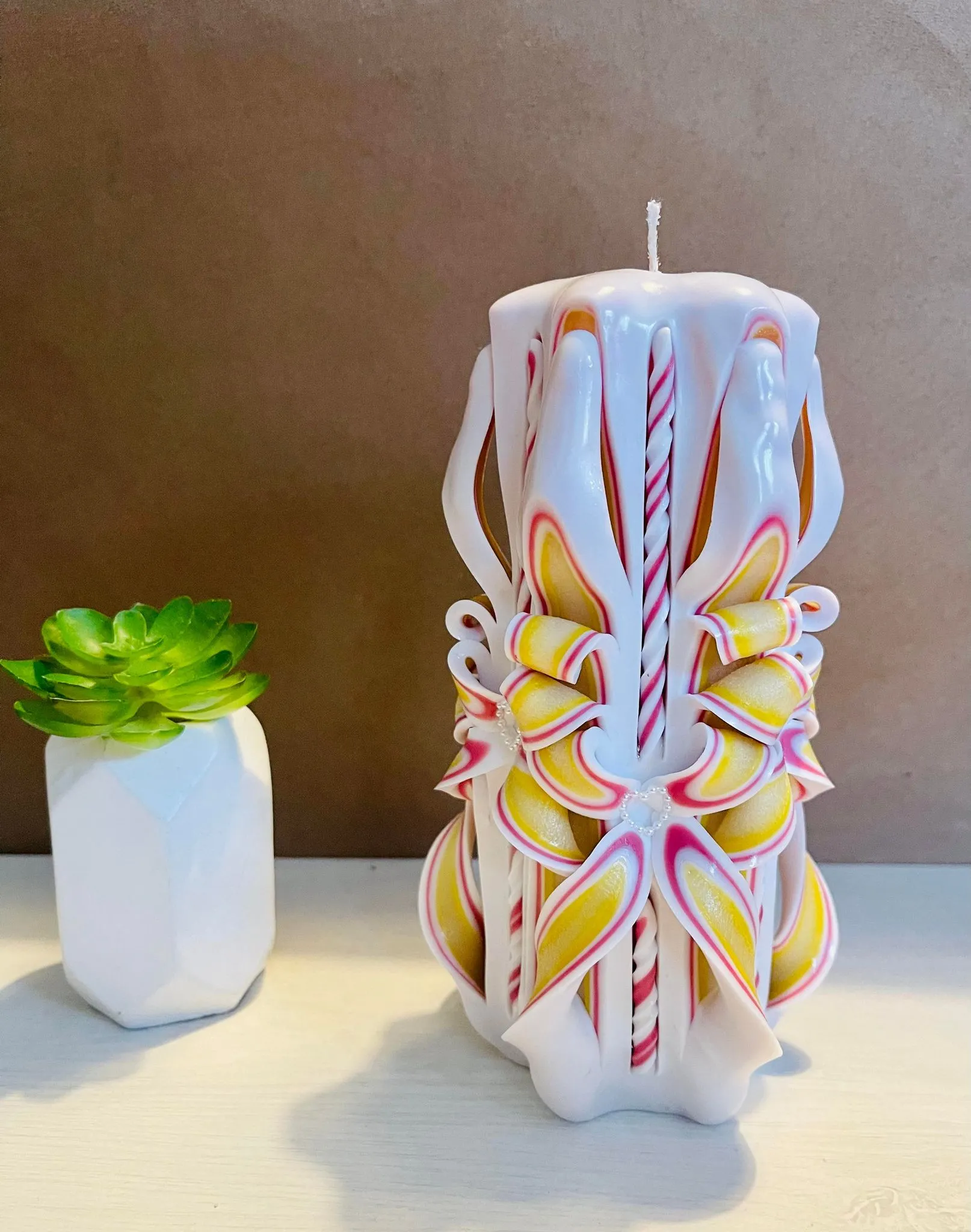 Handmade unfragranced carved candle - Flowery design