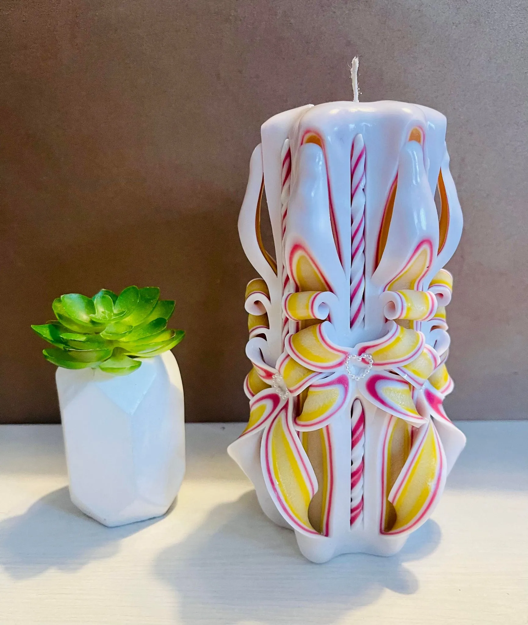 Handmade unfragranced carved candle - Flowery design