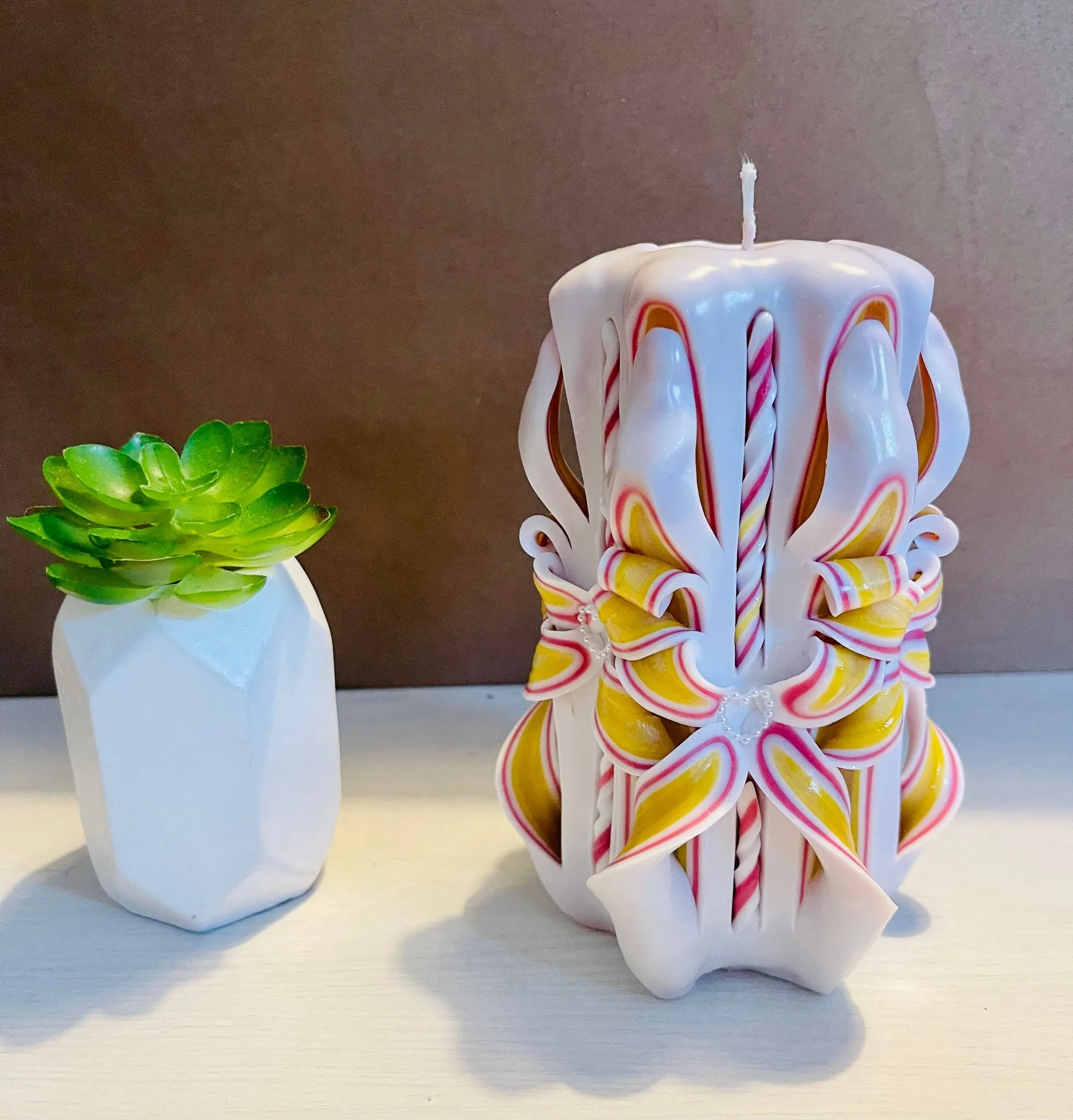 Handmade unfragranced carved candle - Flowery design