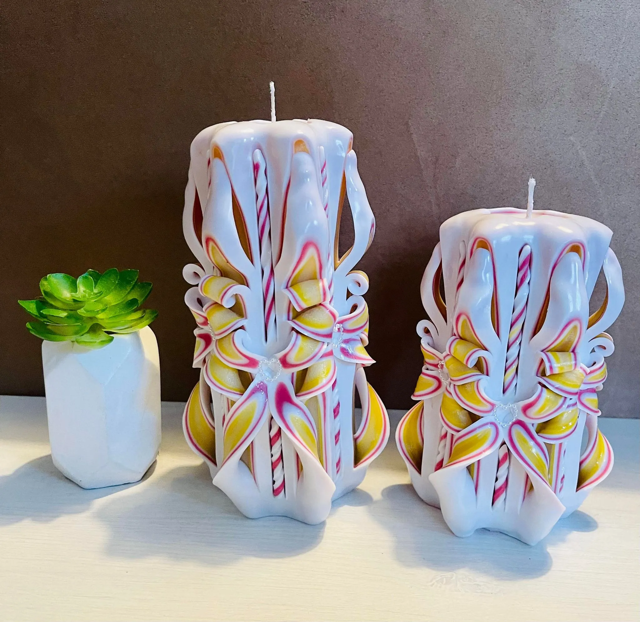 Handmade unfragranced carved candle - Flowery design