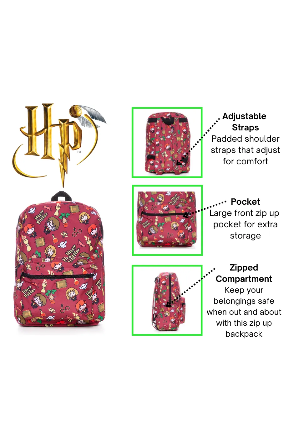 Harry Potter Chibi Character Style Print Backpack Burgundy