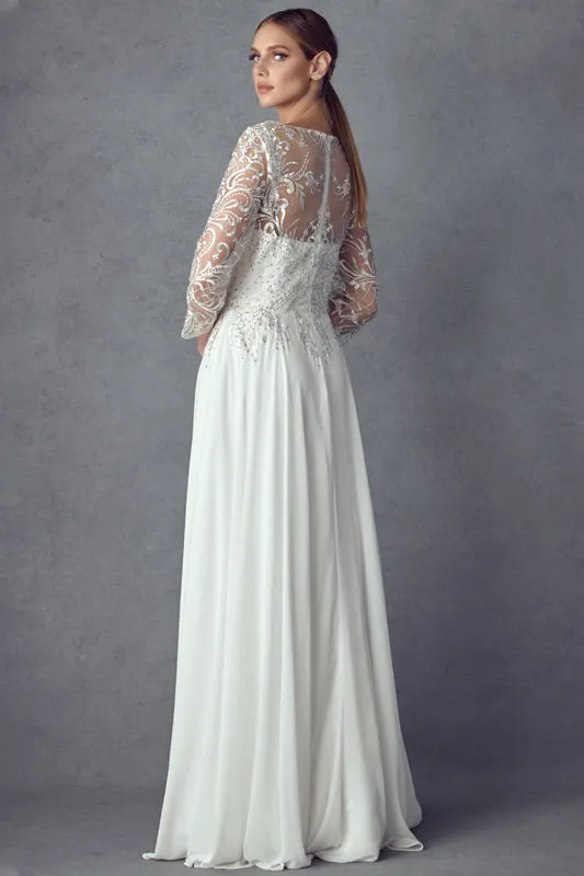 Illusion Sweetheart Embroidered Lace Beaded Bodice Long Sleeve Elegant Wedding Dress