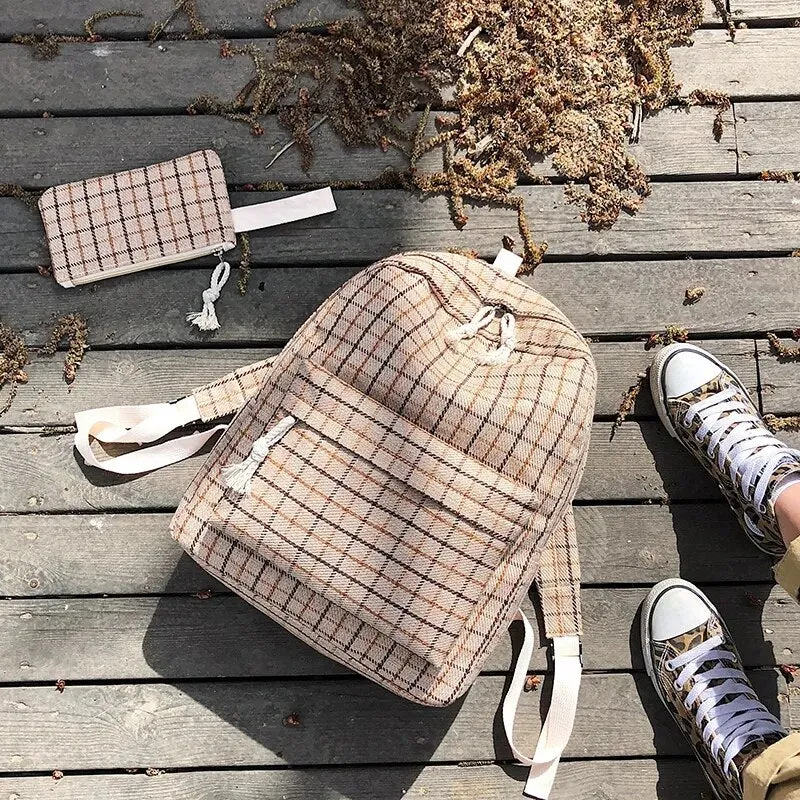 Japanese fresh canvas girl backpack female 2020 new Korean School schoolbag female student Plaid Backpack