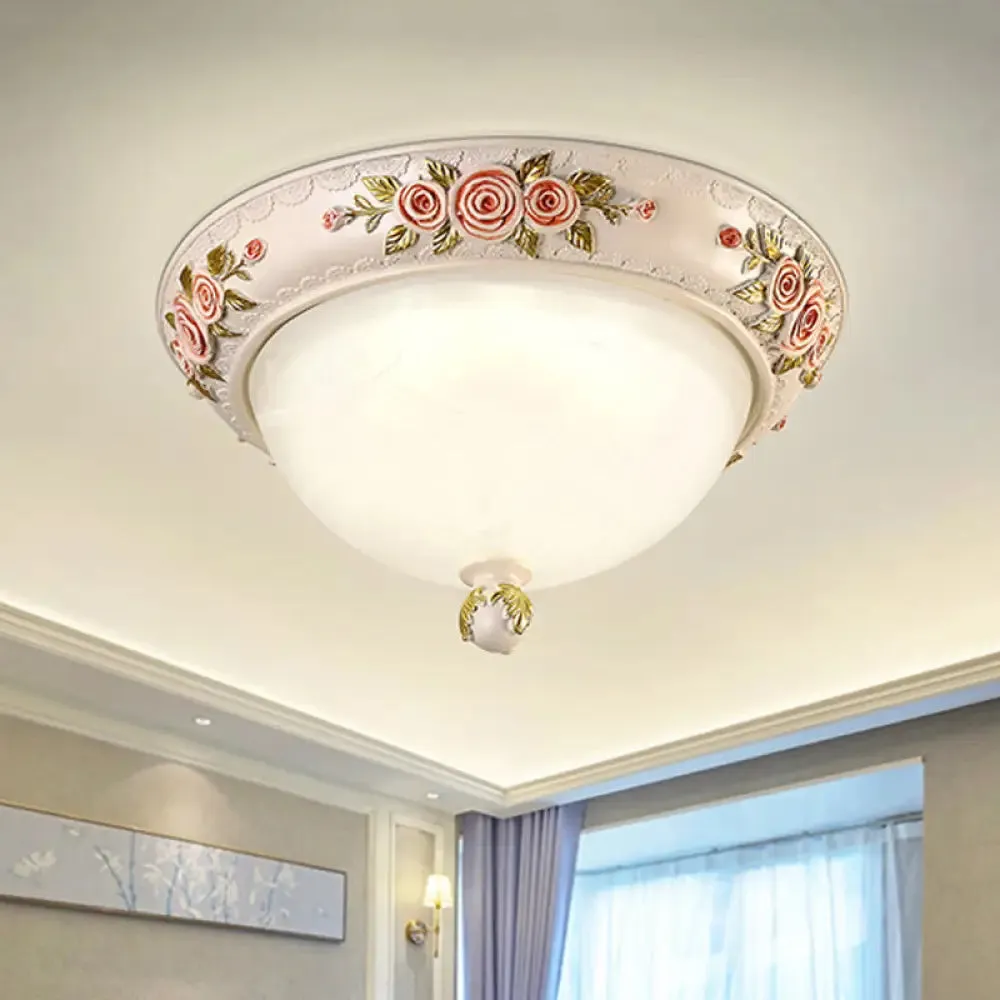 Korean Countryside Style Domed Flush Lamp with Carved Flower Deco - White Glass LED Flushmount Lighting, 12"/16" Width