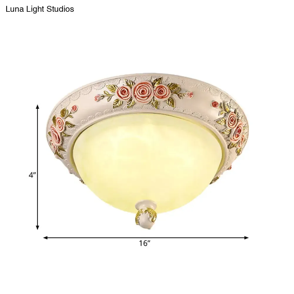 Korean Countryside Style Domed Flush Lamp with Carved Flower Deco - White Glass LED Flushmount Lighting, 12"/16" Width