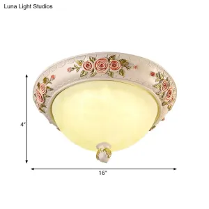 Korean Countryside Style Domed Flush Lamp with Carved Flower Deco - White Glass LED Flushmount Lighting, 12"/16" Width