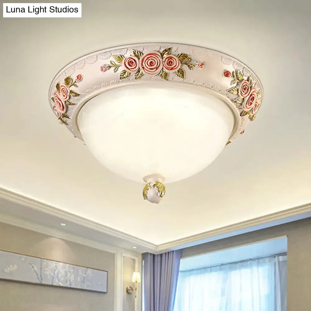 Korean Countryside Style Domed Flush Lamp with Carved Flower Deco - White Glass LED Flushmount Lighting, 12"/16" Width