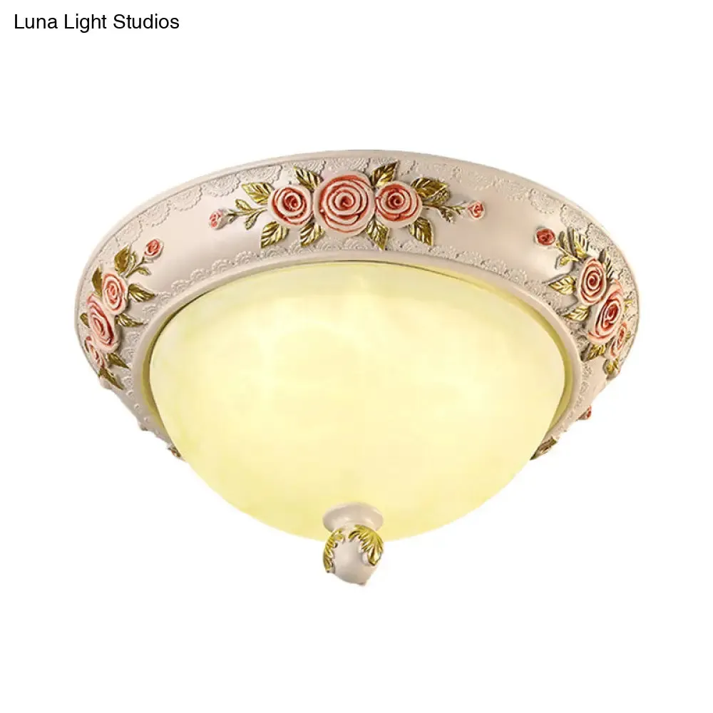 Korean Countryside Style Domed Flush Lamp with Carved Flower Deco - White Glass LED Flushmount Lighting, 12"/16" Width