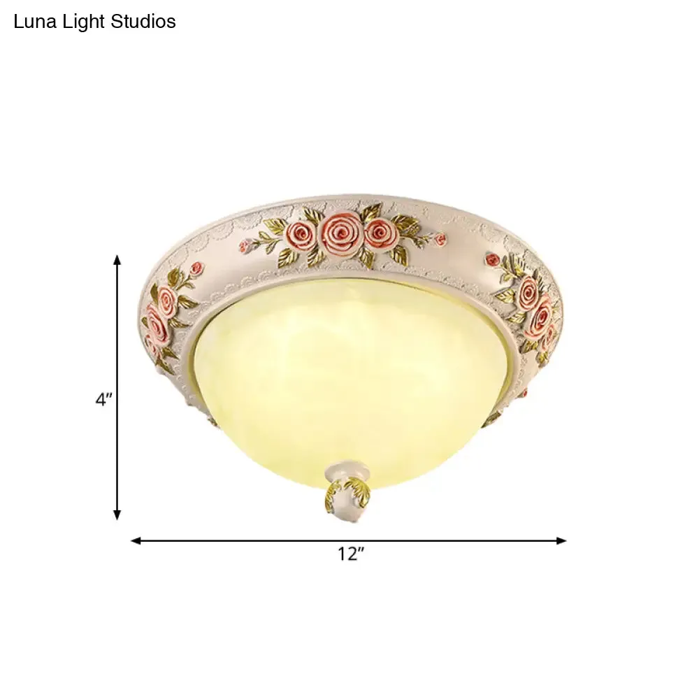 Korean Countryside Style Domed Flush Lamp with Carved Flower Deco - White Glass LED Flushmount Lighting, 12"/16" Width