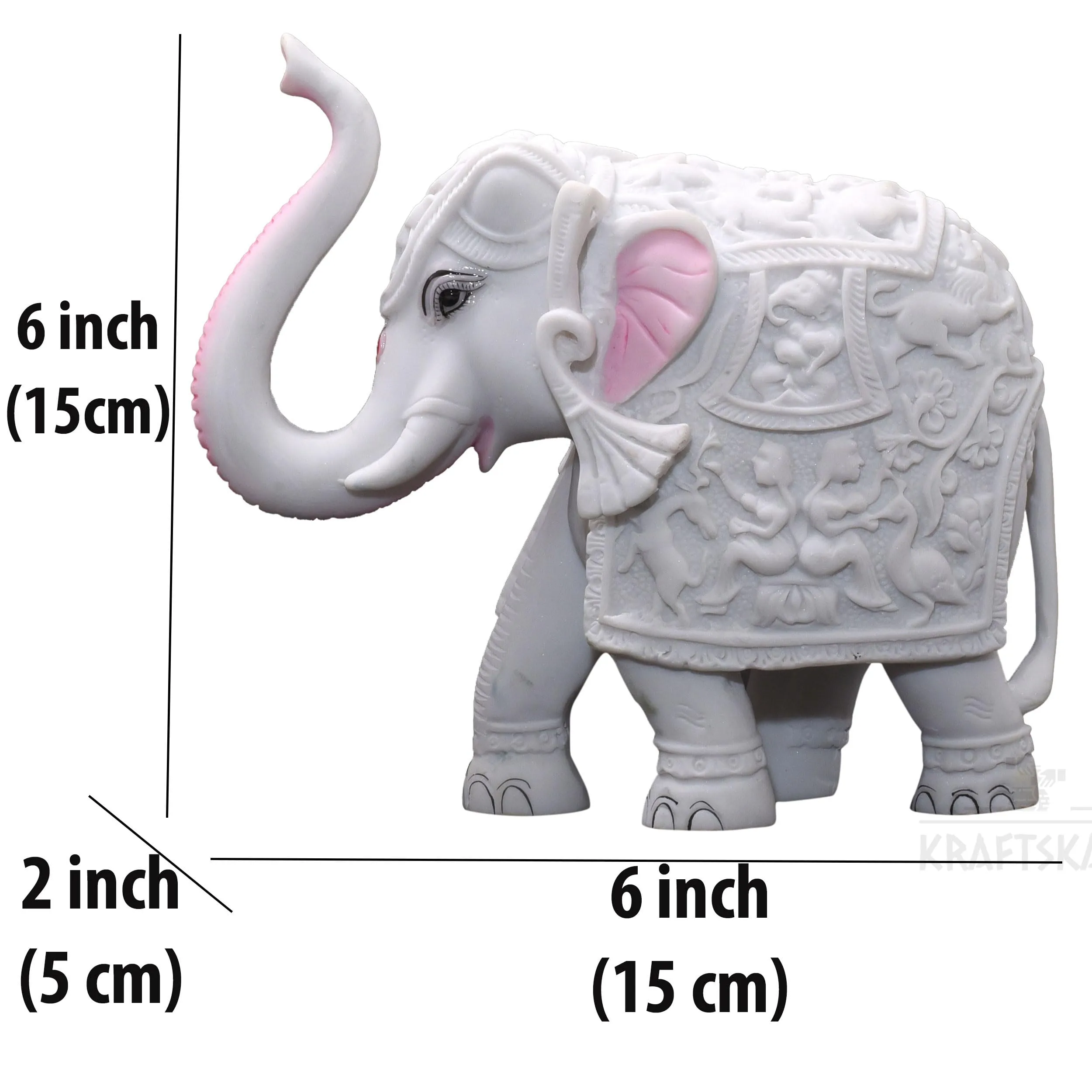 KRAFTSKALA White Elephant Statue for Living Room, Home Decor, 6 inch Elephant Marble Dust Poly-Resin Showpiece for Vastu, Indoors, Office Decorations, Gifting