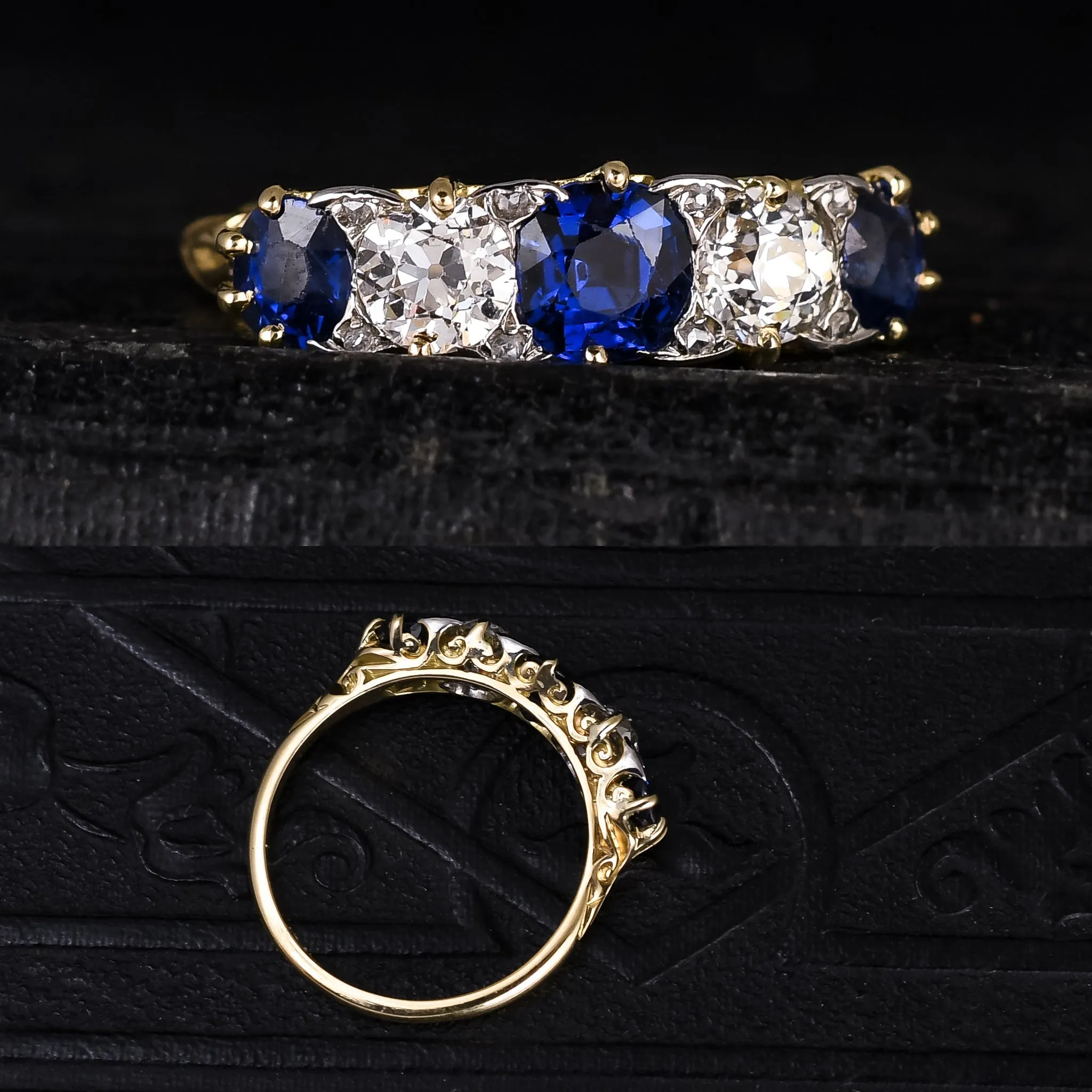 Late Victorian Sapphire & Diamond 5-Stone Scroll Ring