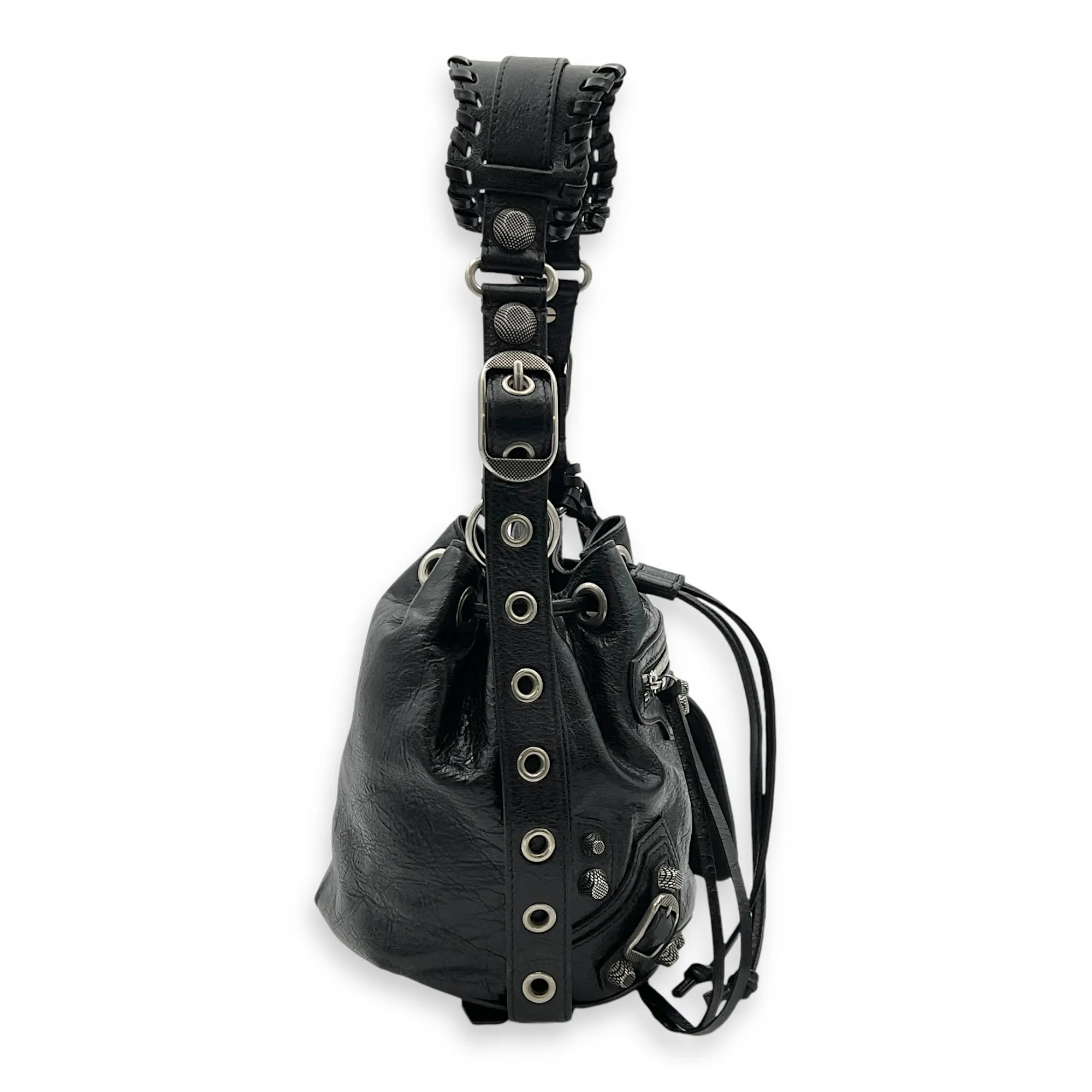 Le Cagole XS Black Bucket Bag in Distressed Leather, Silver hardware