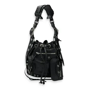 Le Cagole XS Black Bucket Bag in Distressed Leather, Silver hardware