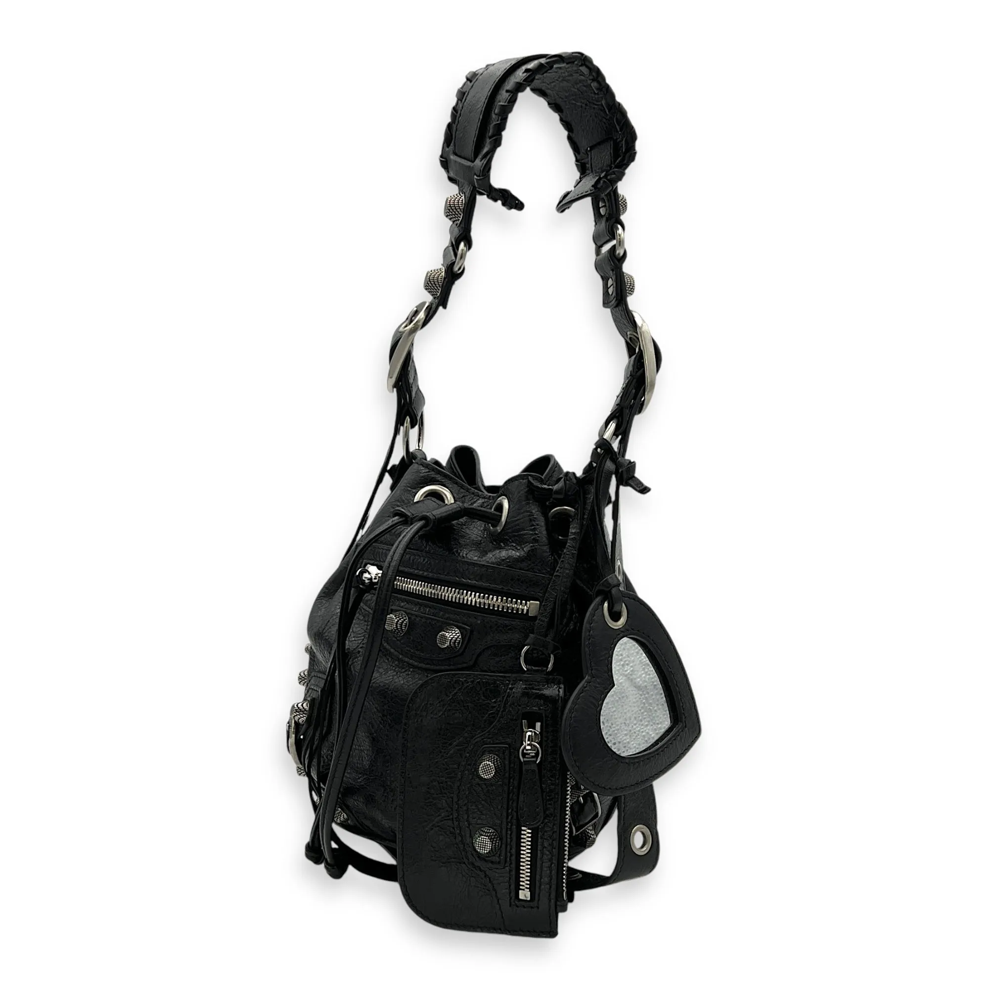 Le Cagole XS Black Bucket Bag in Distressed Leather, Silver hardware