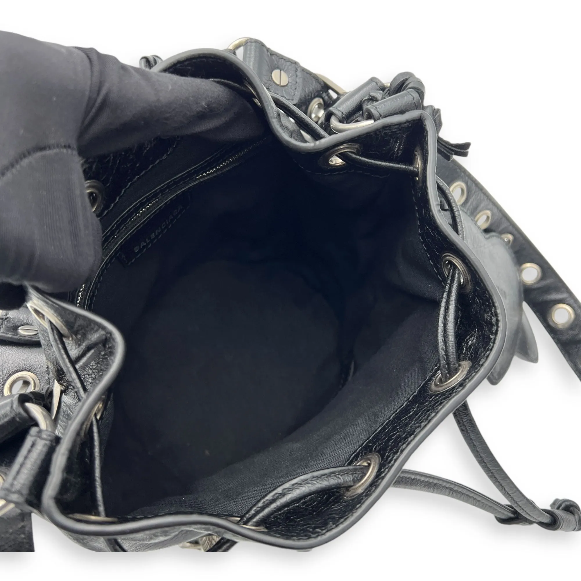 Le Cagole XS Black Bucket Bag in Distressed Leather, Silver hardware