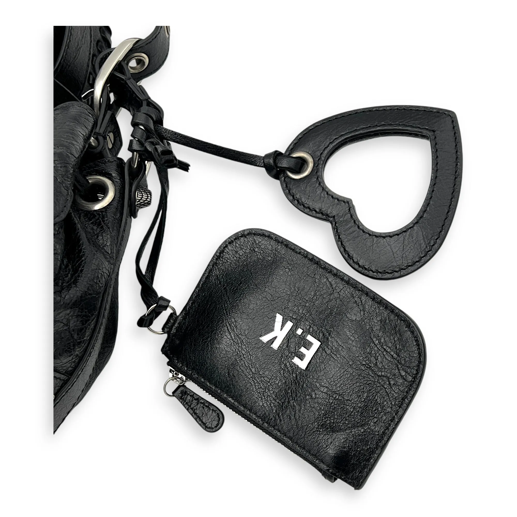 Le Cagole XS Black Bucket Bag in Distressed Leather, Silver hardware