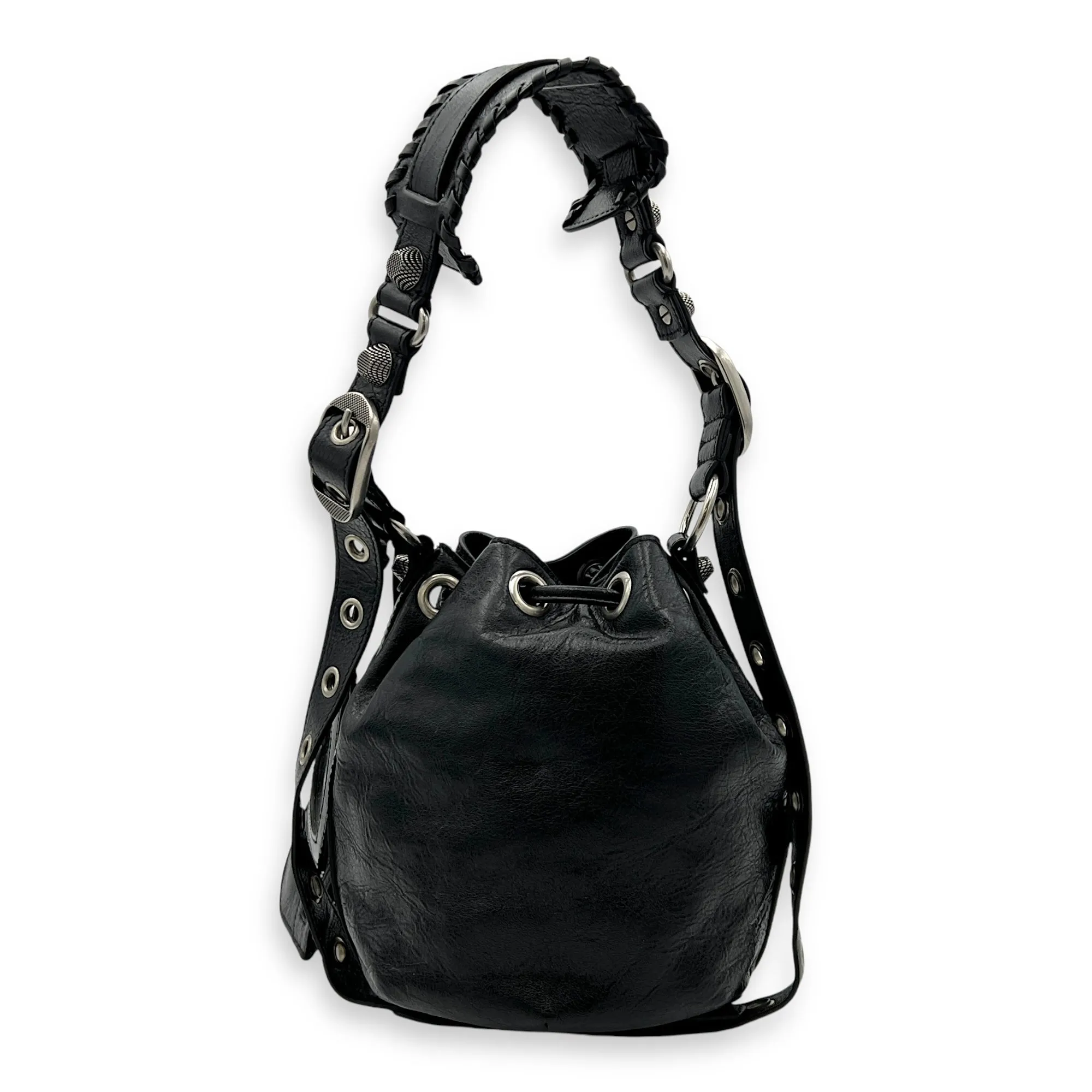 Le Cagole XS Black Bucket Bag in Distressed Leather, Silver hardware