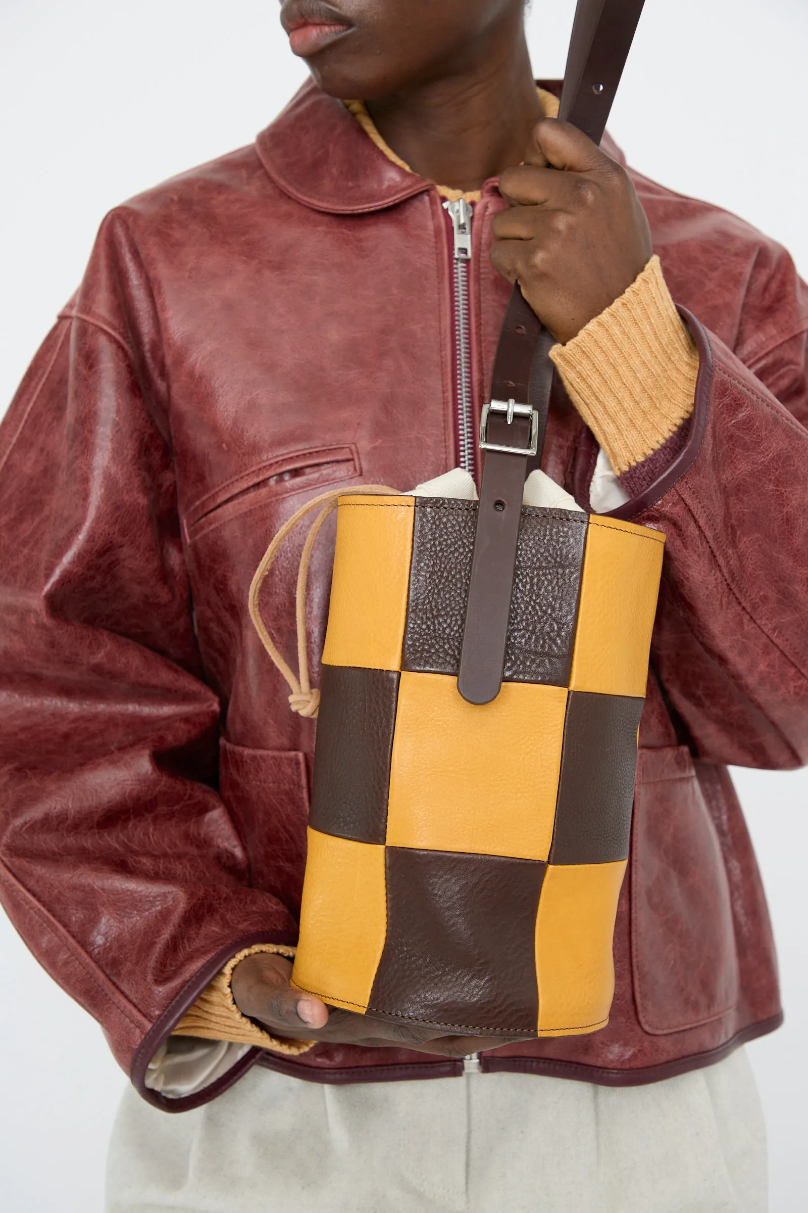 Leather Patchwork Bucket Bag in Tan and Mustard