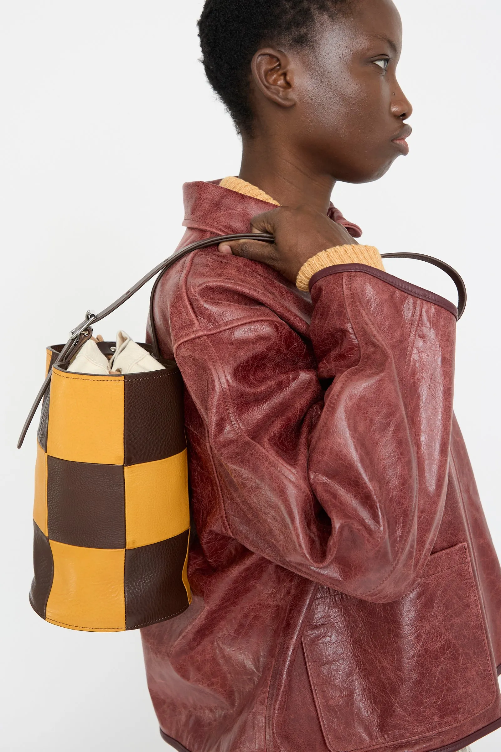 Leather Patchwork Bucket Bag in Tan and Mustard