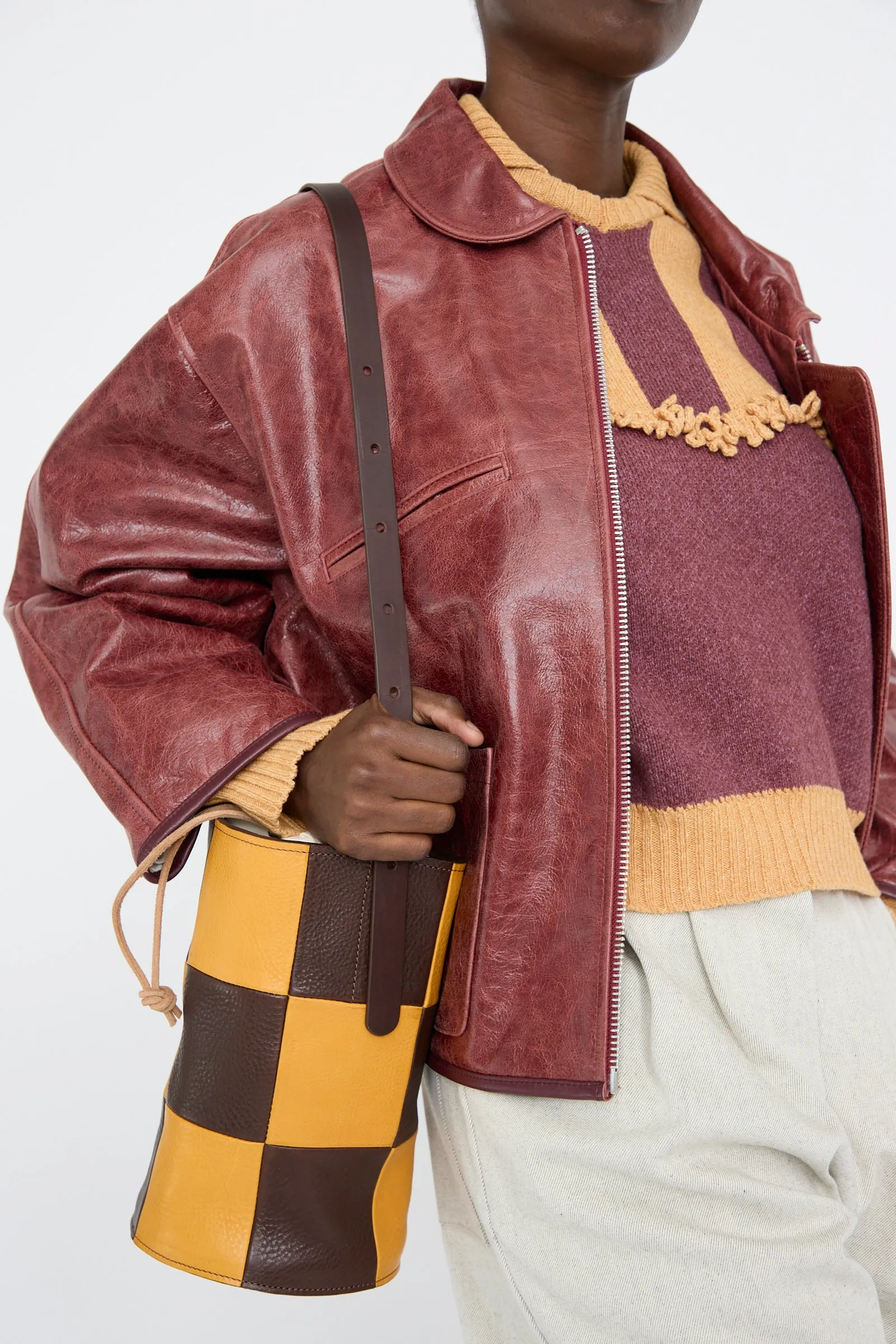 Leather Patchwork Bucket Bag in Tan and Mustard