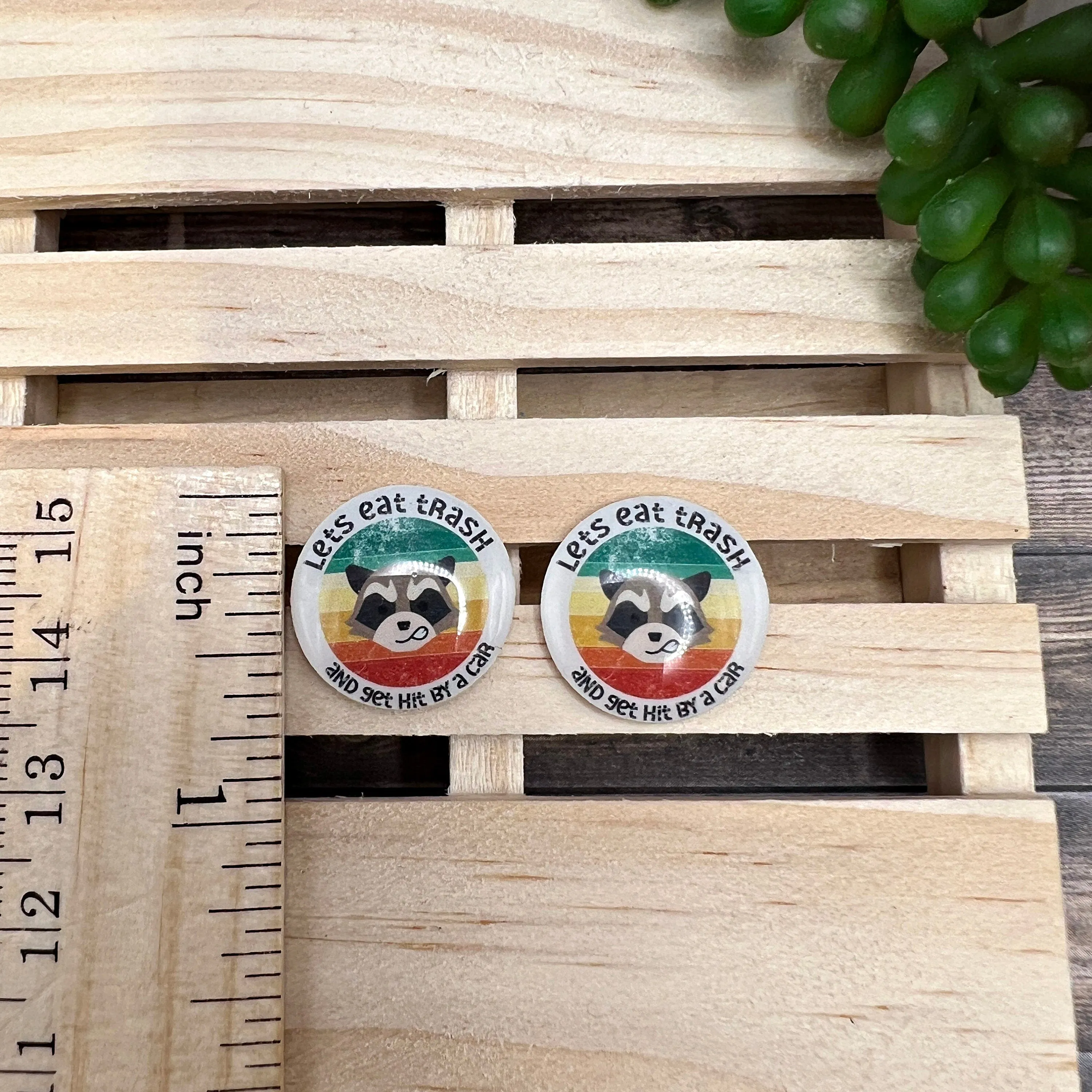 Let's Eat Trash and Get Hit By a Car Cute Raccoon Trash Panda Cartoon Handmade Plastic Stud Earrings