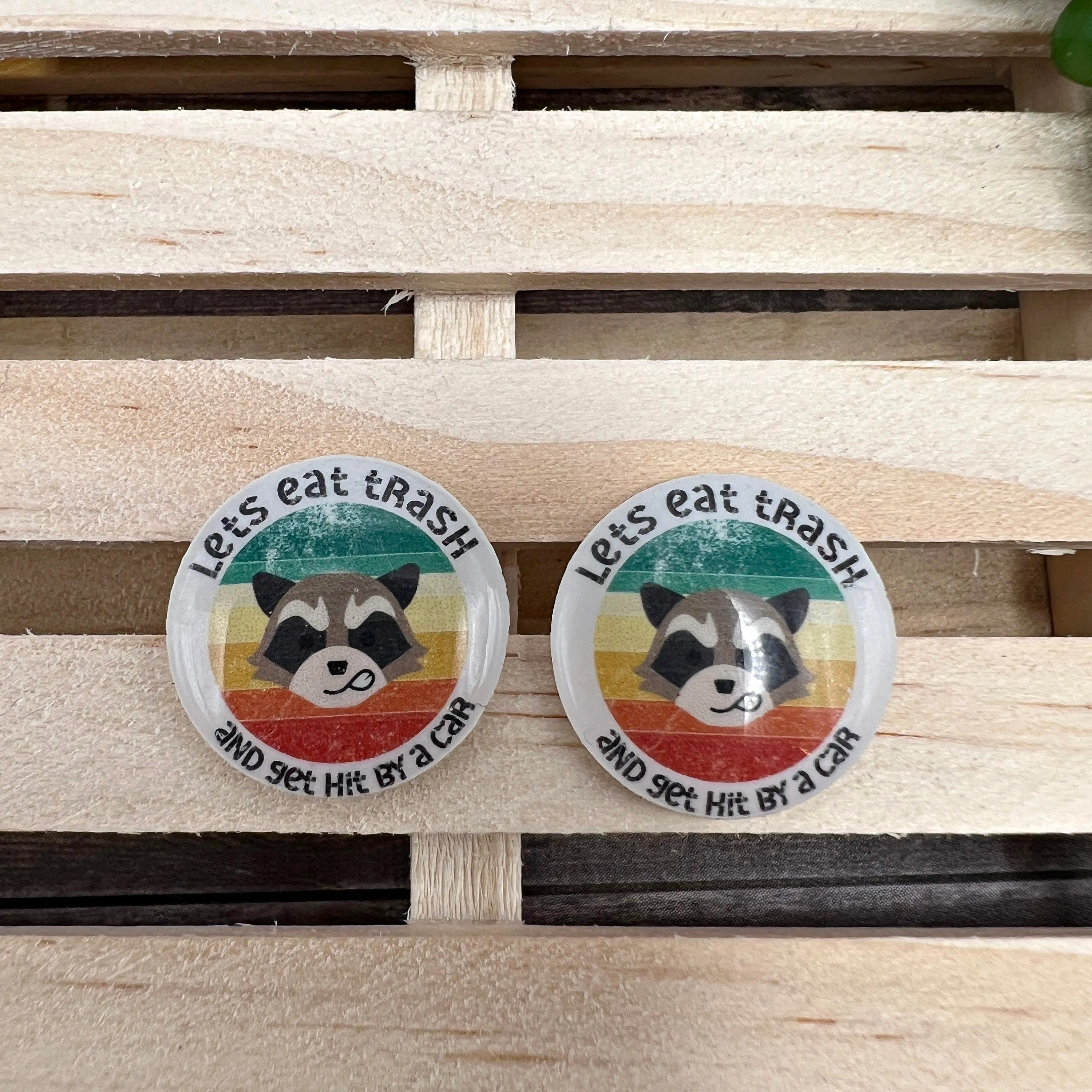 Let's Eat Trash and Get Hit By a Car Cute Raccoon Trash Panda Cartoon Handmade Plastic Stud Earrings