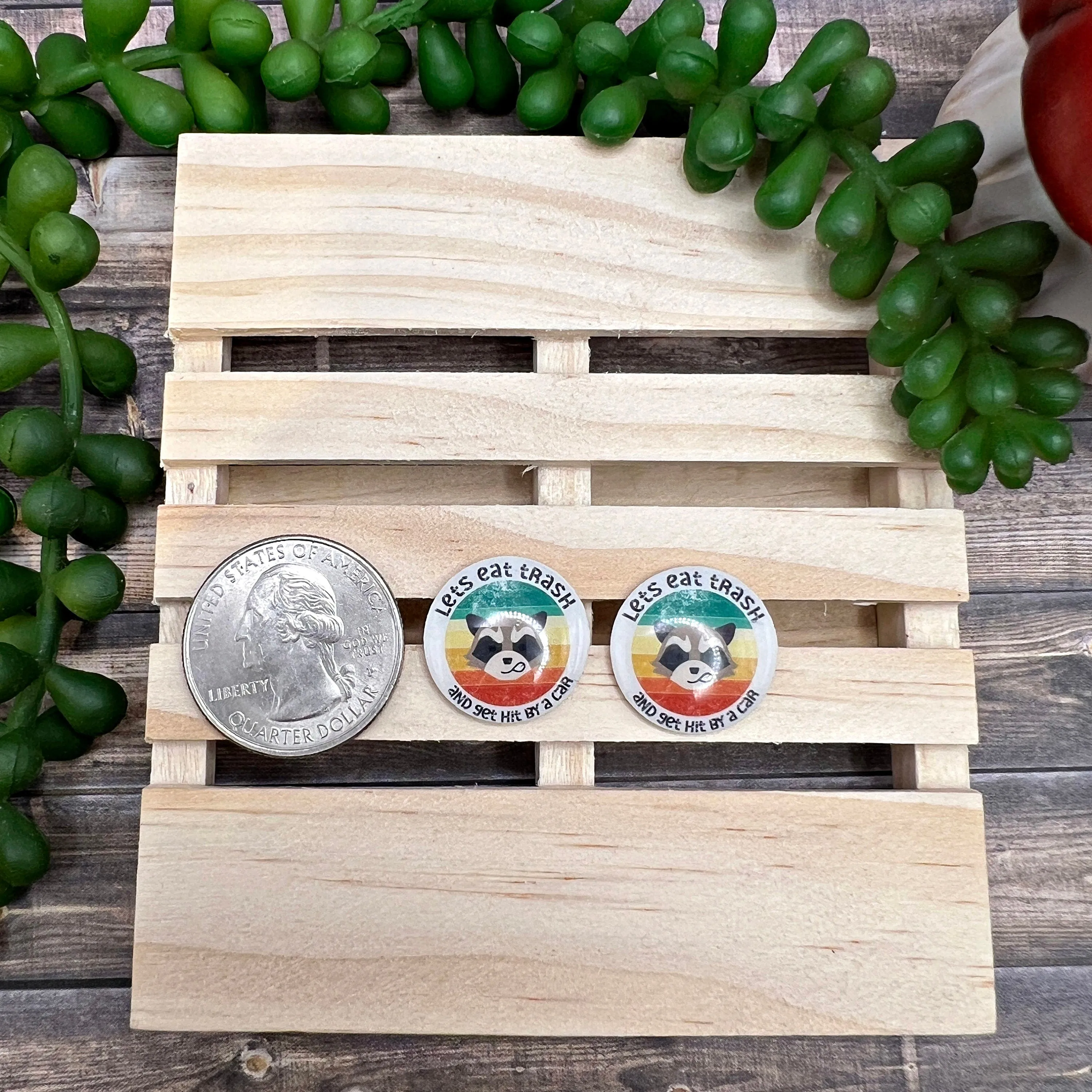 Let's Eat Trash and Get Hit By a Car Cute Raccoon Trash Panda Cartoon Handmade Plastic Stud Earrings