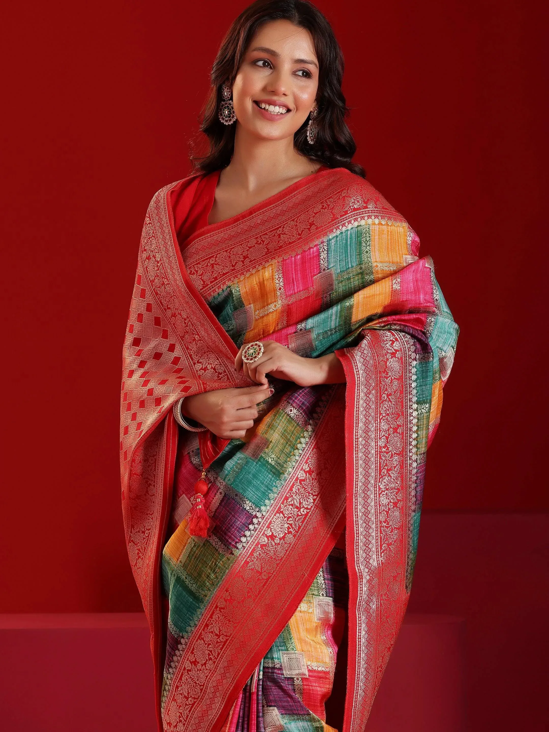 Libas Art Multicoloured Woven Design Satin Saree With Unstitched  Blouse Piece