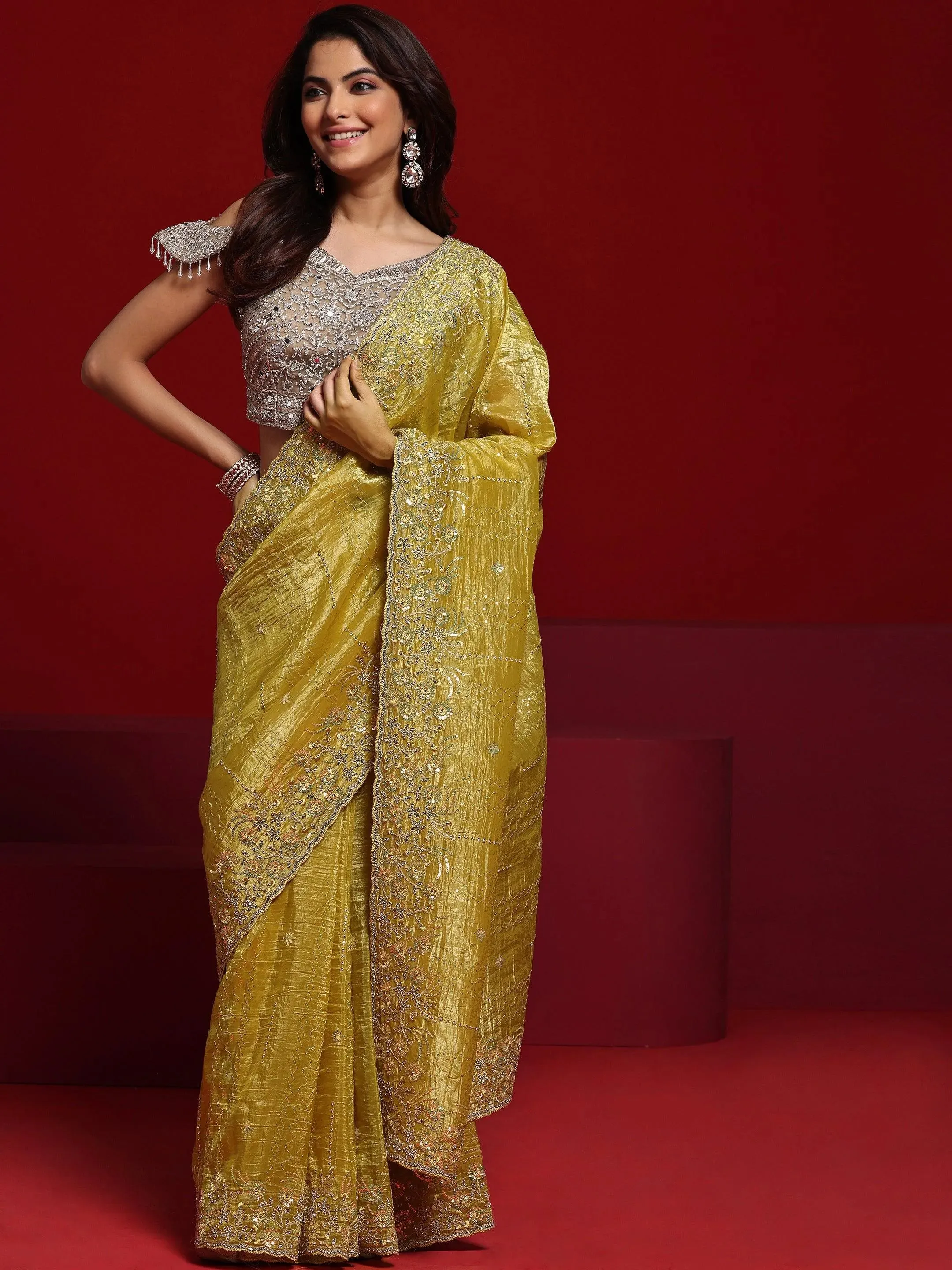 Libas Art Mustard Embellished Tissue Saree With Unstitched Blouse Piece