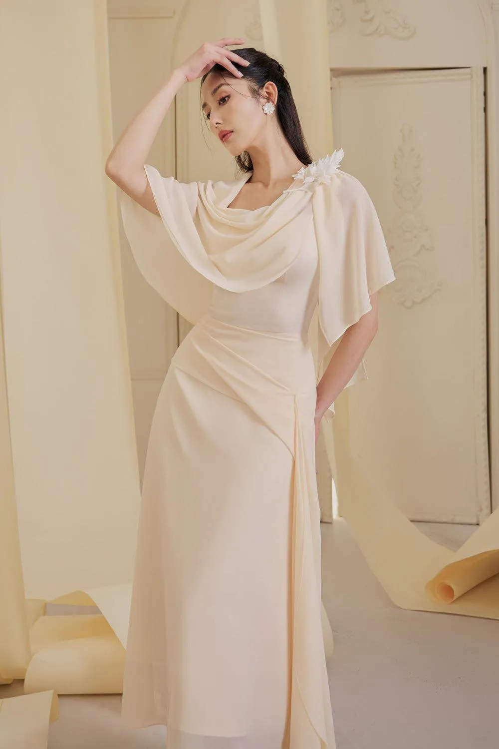 Lilla A-line Cowl Neck Chiffon Ankle Length Dress