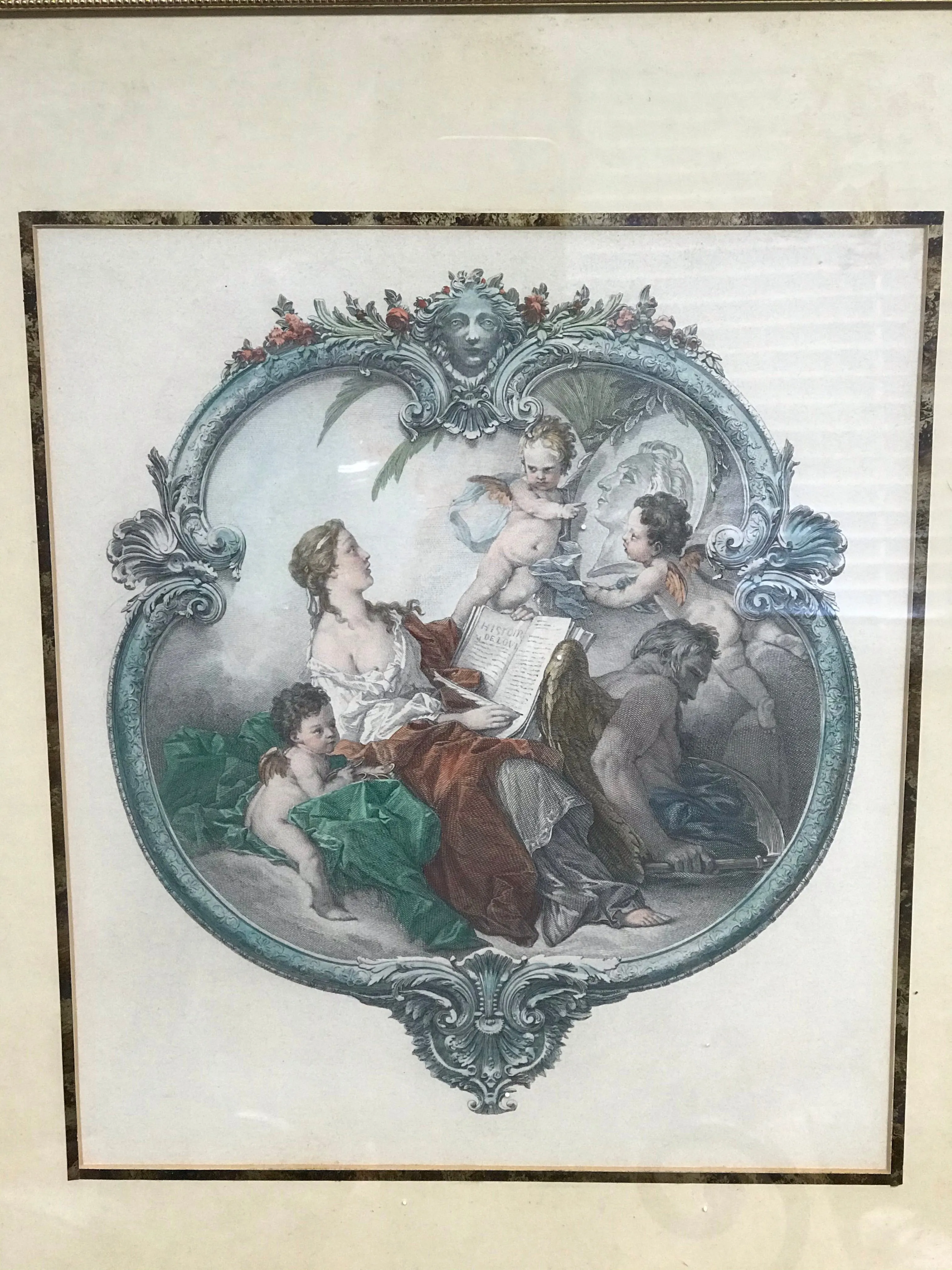 <€€ Vintage Framed Mother with Cherub Angels Professionally Antiqued Gold Framed