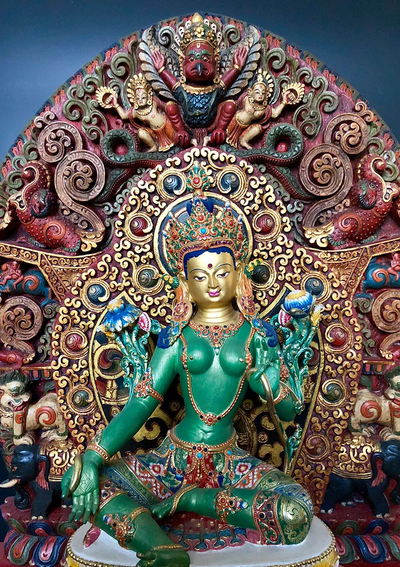 Magnificient Green Tara Gold Painted Statue on Wooden Throne 27.5"