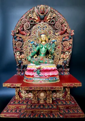 Magnificient Green Tara Gold Painted Statue on Wooden Throne 27.5"