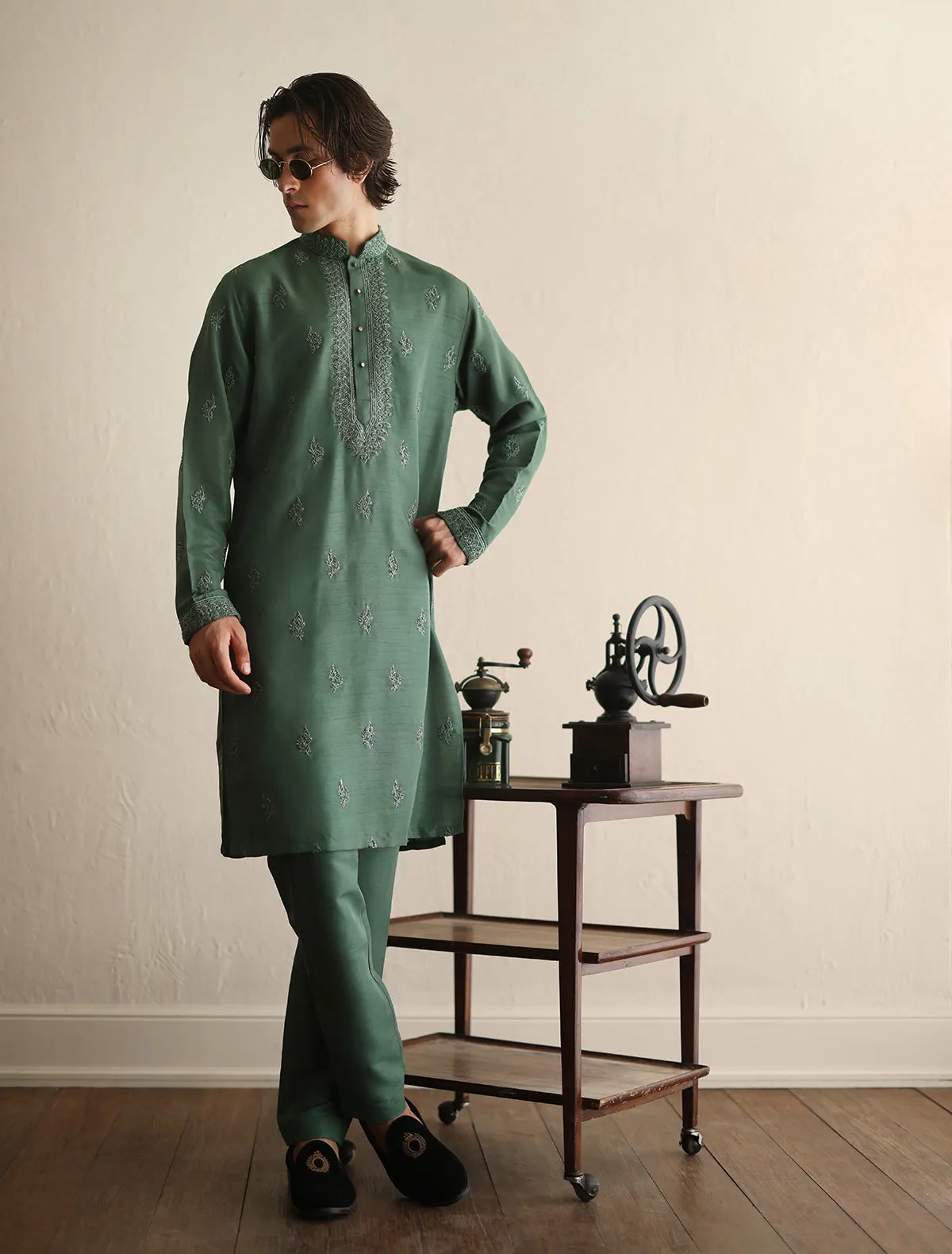 Medium green intricately hand embroidered kurta