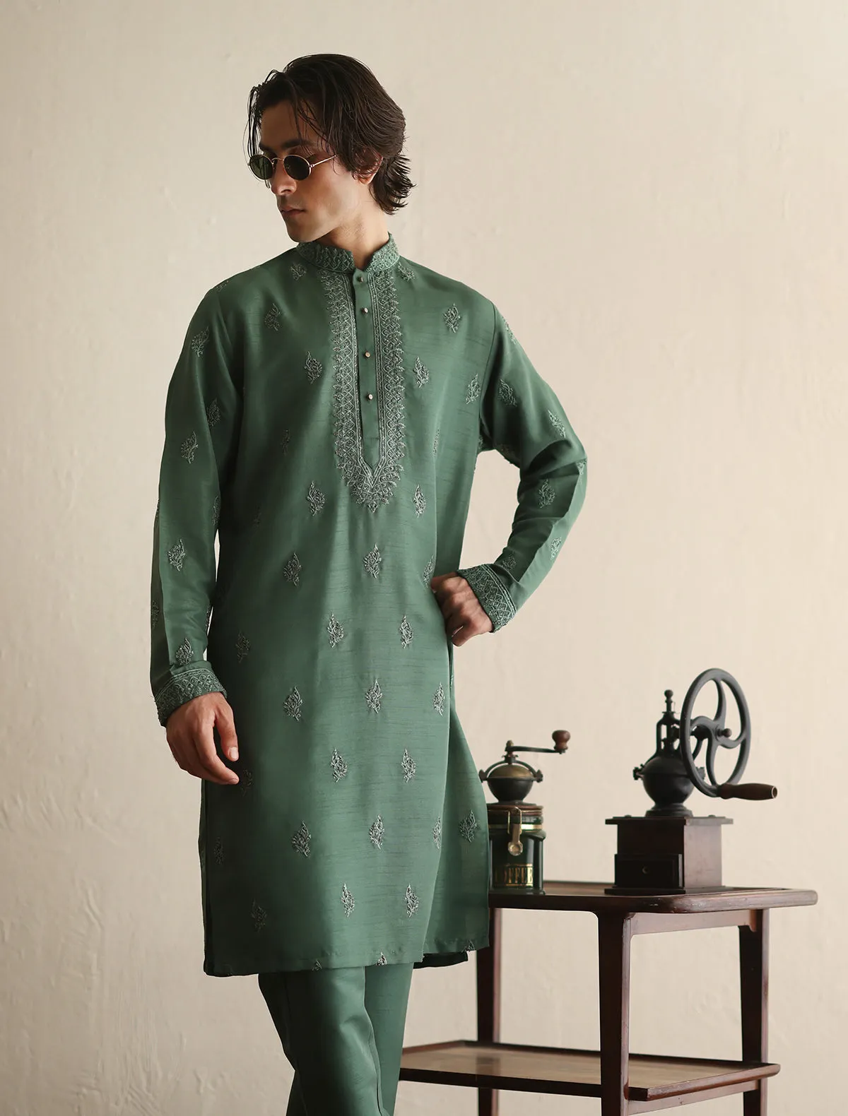 Medium green intricately hand embroidered kurta