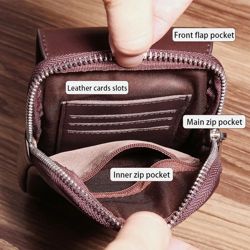 Men Vintage Horizontal Multi-pocket Genuine Leather Mini Wallet Purse 6.5 Inch Phone Bag Waist