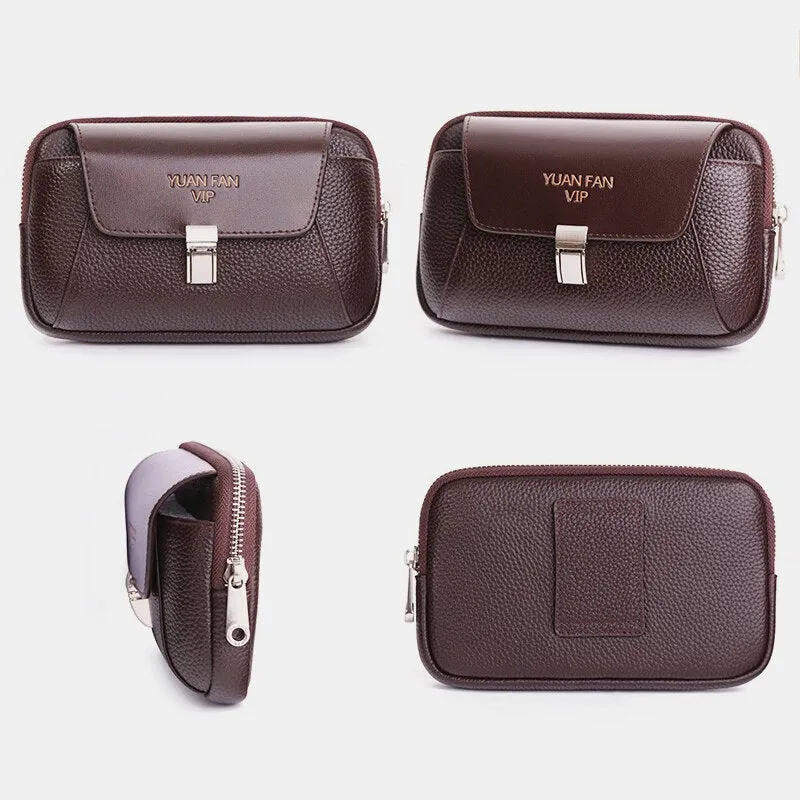 Men Vintage Horizontal Multi-pocket Genuine Leather Mini Wallet Purse 6.5 Inch Phone Bag Waist