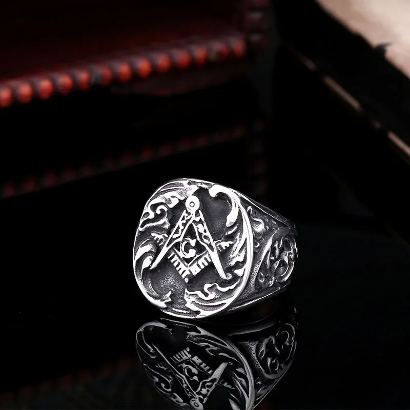 Men's Vintage Stainless Steel Carved Rings with Masonic Symbols - Wholesale Fashion Accessories