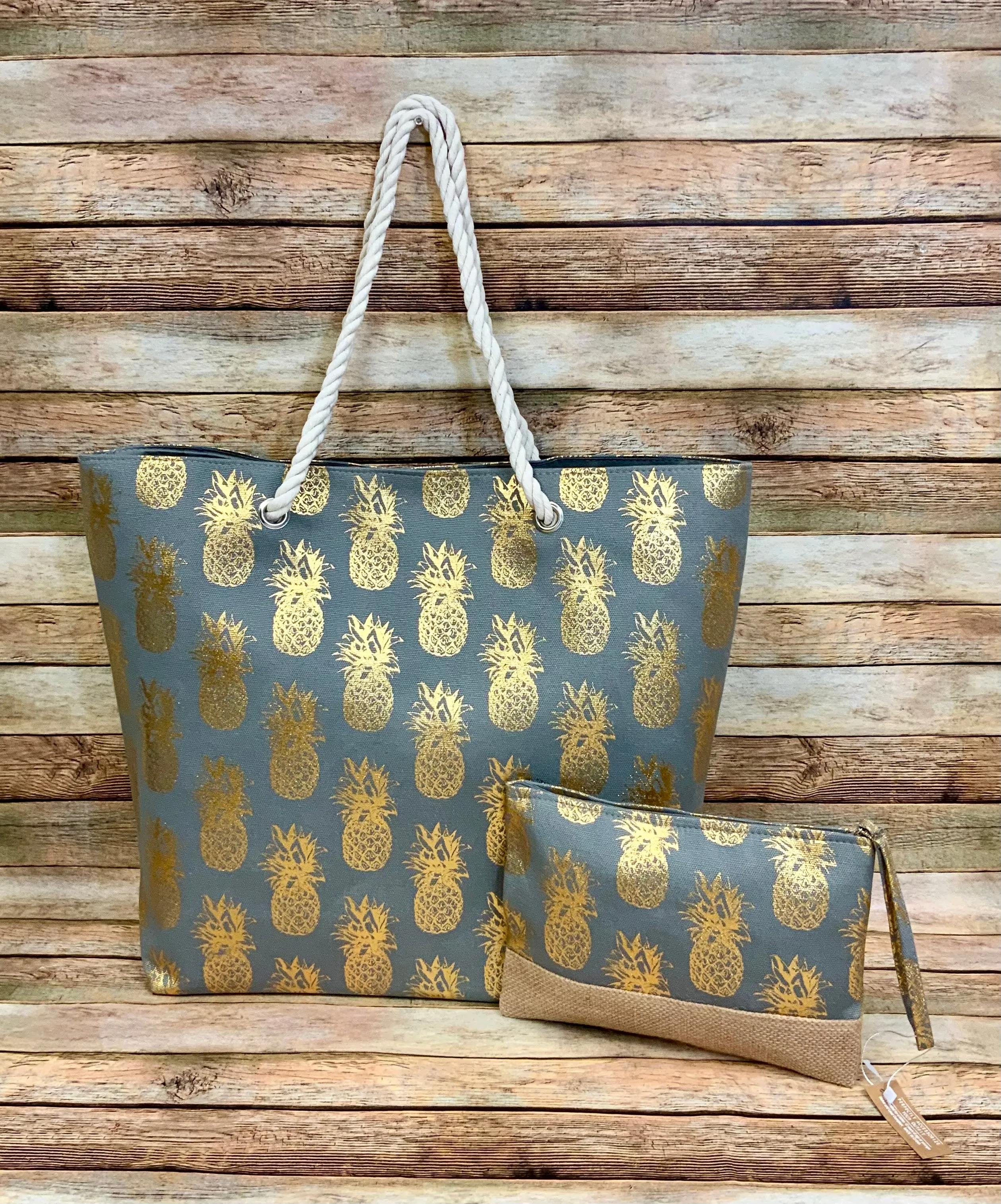 Metallic Pineapple Collection (all sold Separate) Tote, 3 pc travel pouch and travel wristlet.