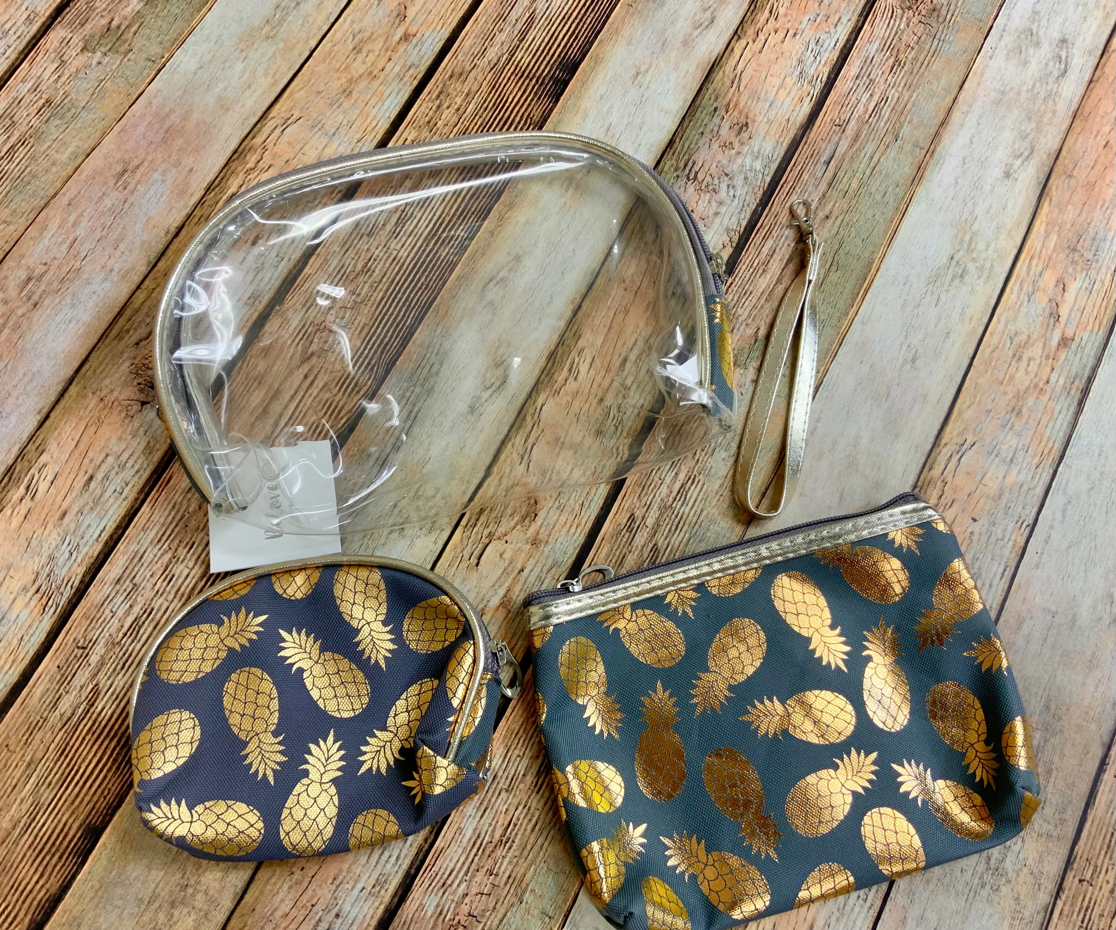 Metallic Pineapple Collection (all sold Separate) Tote, 3 pc travel pouch and travel wristlet.