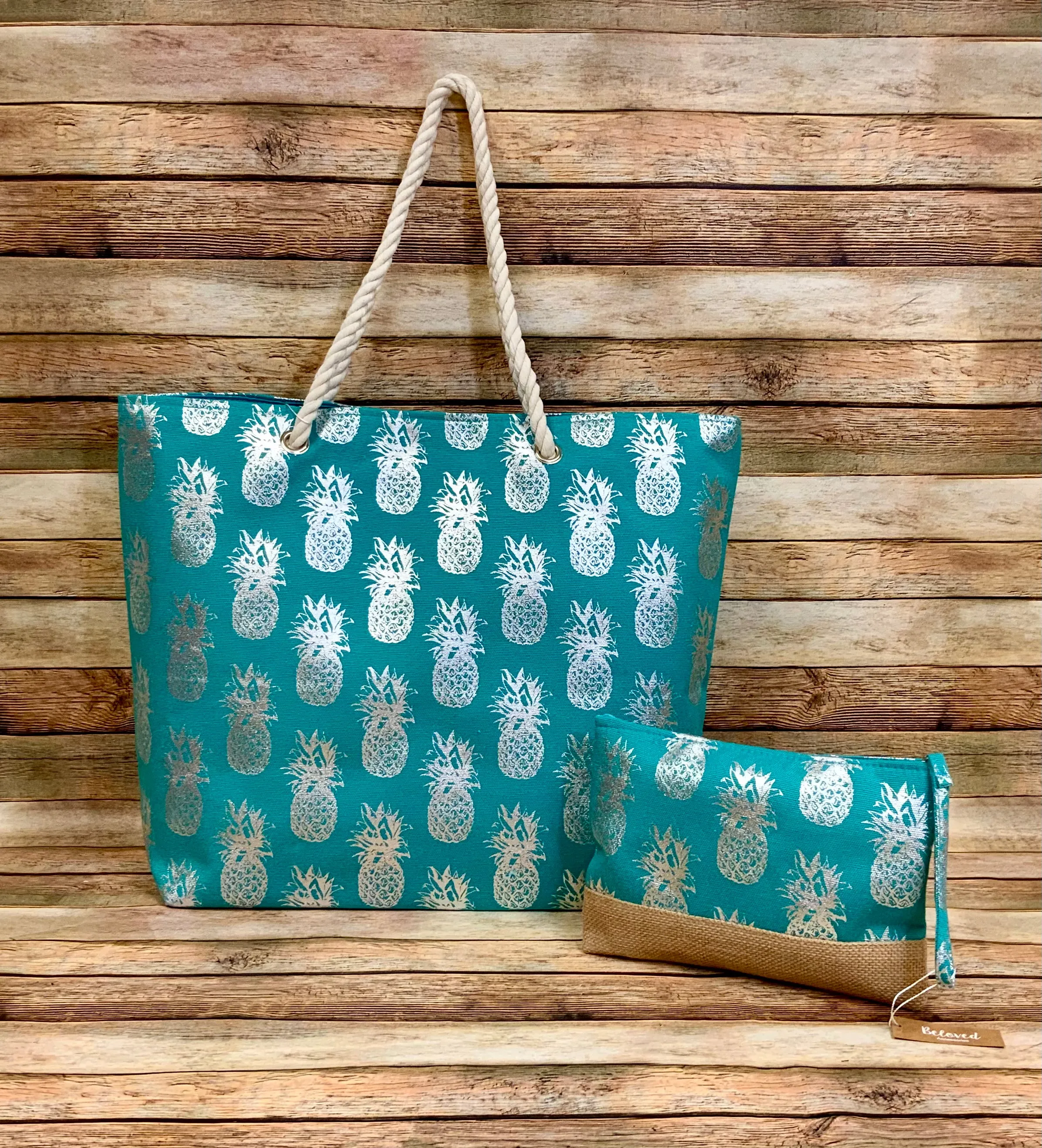 Metallic Pineapple Collection (all sold Separate) Tote, 3 pc travel pouch and travel wristlet.