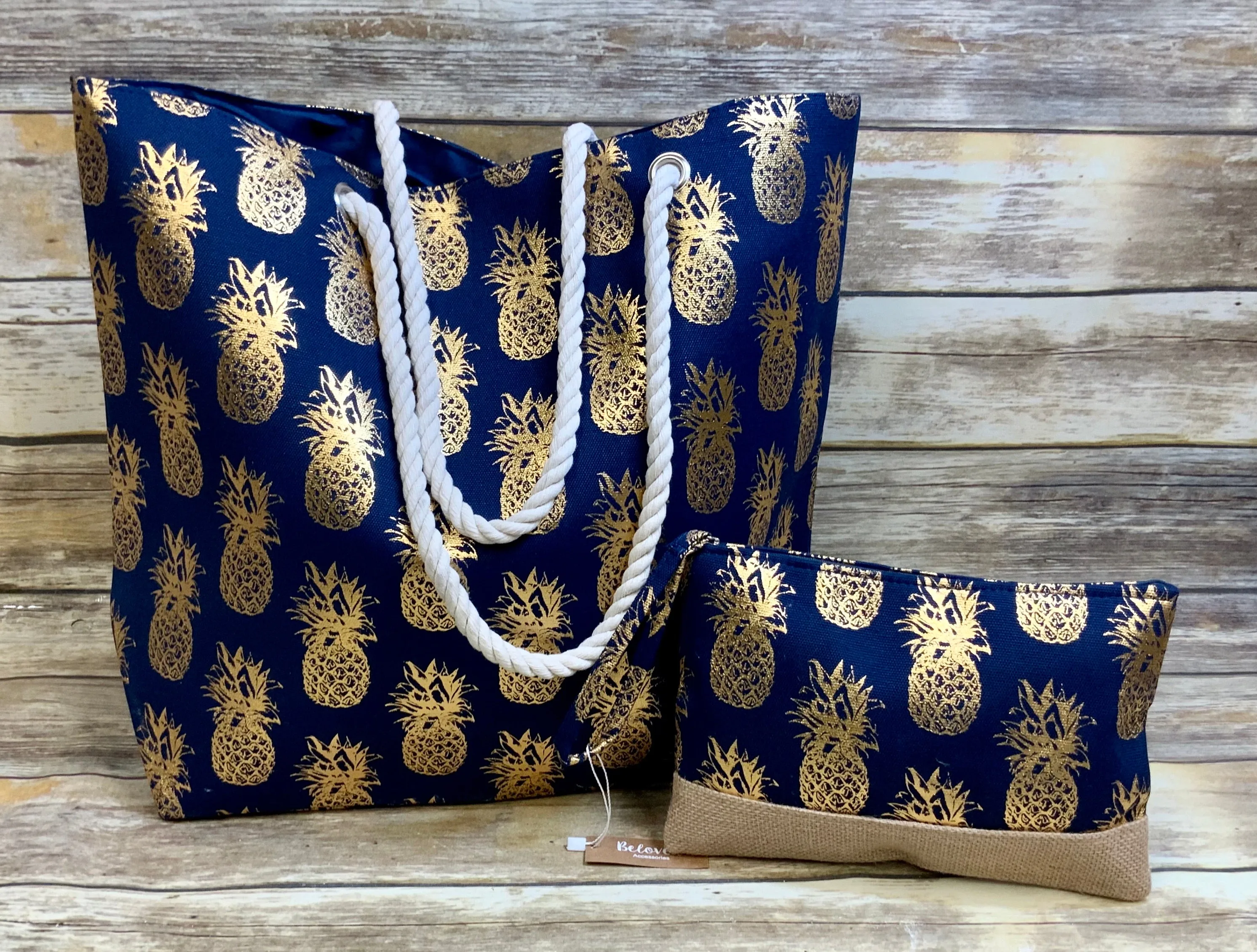 Metallic Pineapple Collection (all sold Separate) Tote, 3 pc travel pouch and travel wristlet.