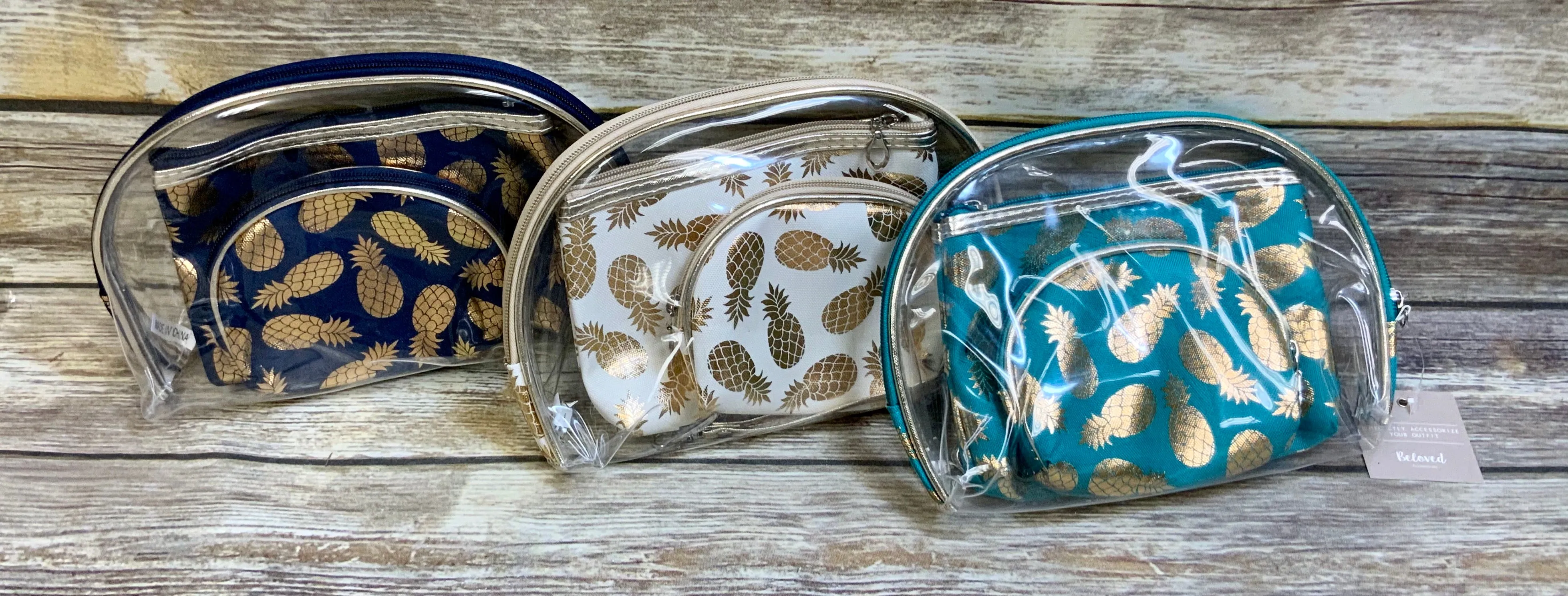 Metallic Pineapple Collection (all sold Separate) Tote, 3 pc travel pouch and travel wristlet.