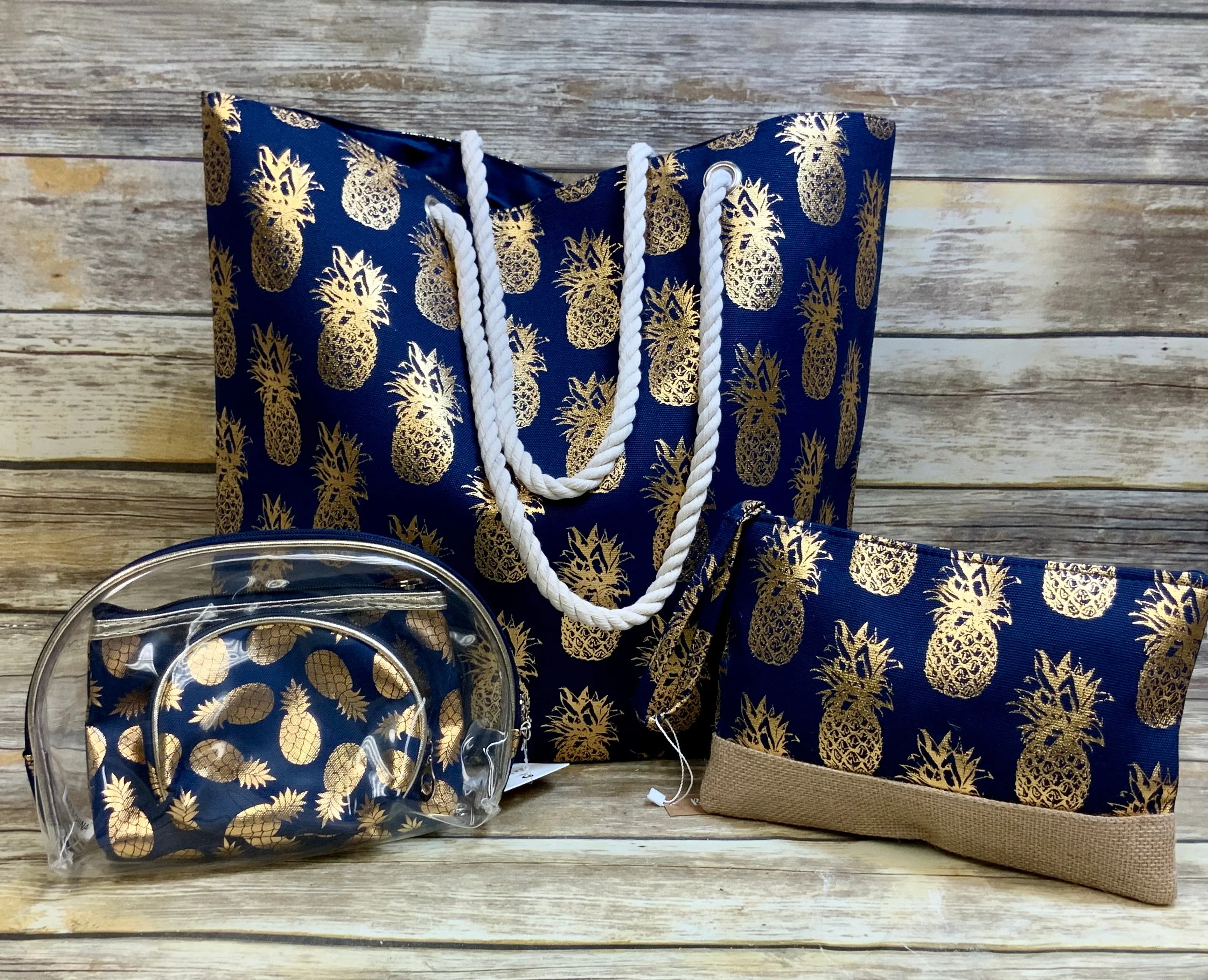 Metallic Pineapple Collection (all sold Separate) Tote, 3 pc travel pouch and travel wristlet.