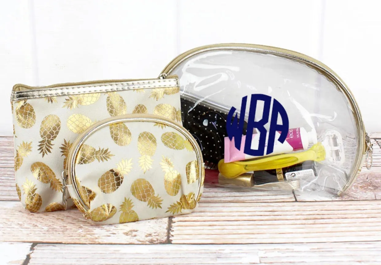 Metallic Pineapple Collection (all sold Separate) Tote, 3 pc travel pouch and travel wristlet.