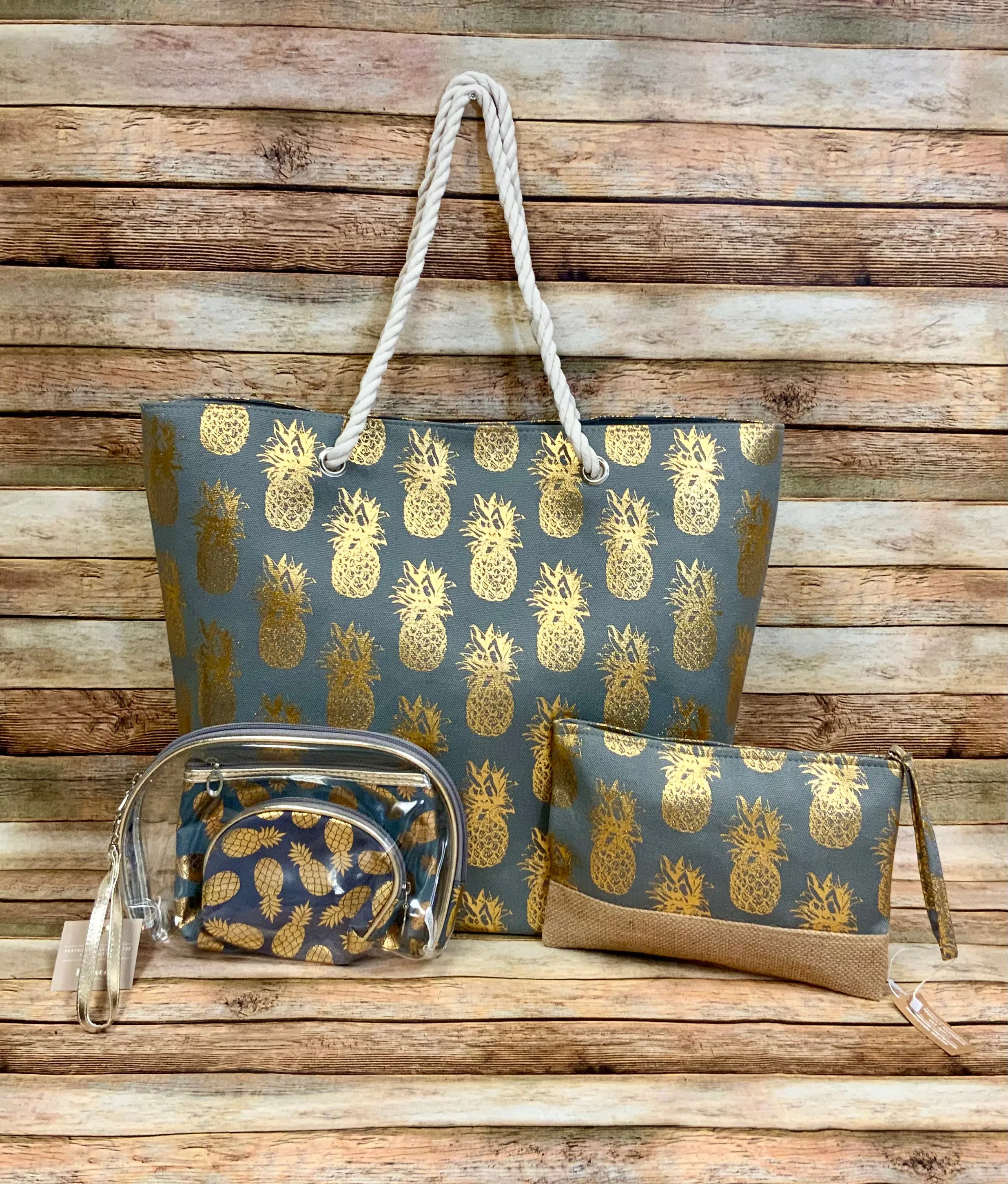 Metallic Pineapple Collection (all sold Separate) Tote, 3 pc travel pouch and travel wristlet.