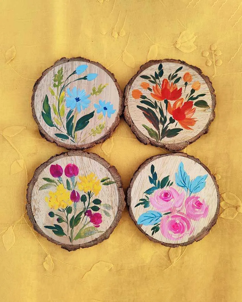 Multiple Floral Hand Painted Wooden Bark Coasters | 4 inches | Set Of 4