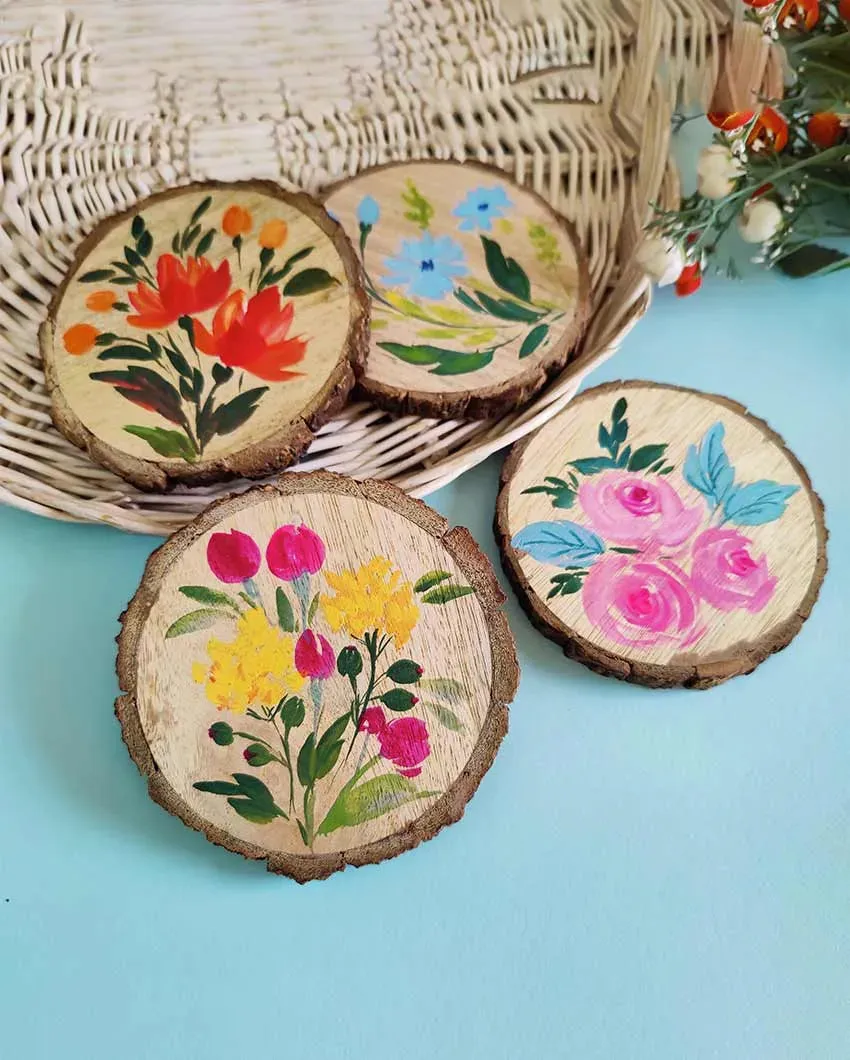 Multiple Floral Hand Painted Wooden Bark Coasters | 4 inches | Set Of 4