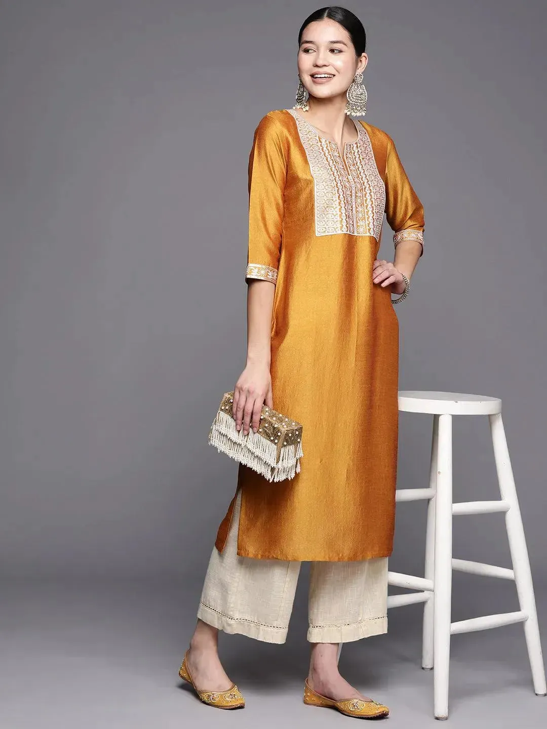 Mustard Yoke Design Silk Straight Kurta