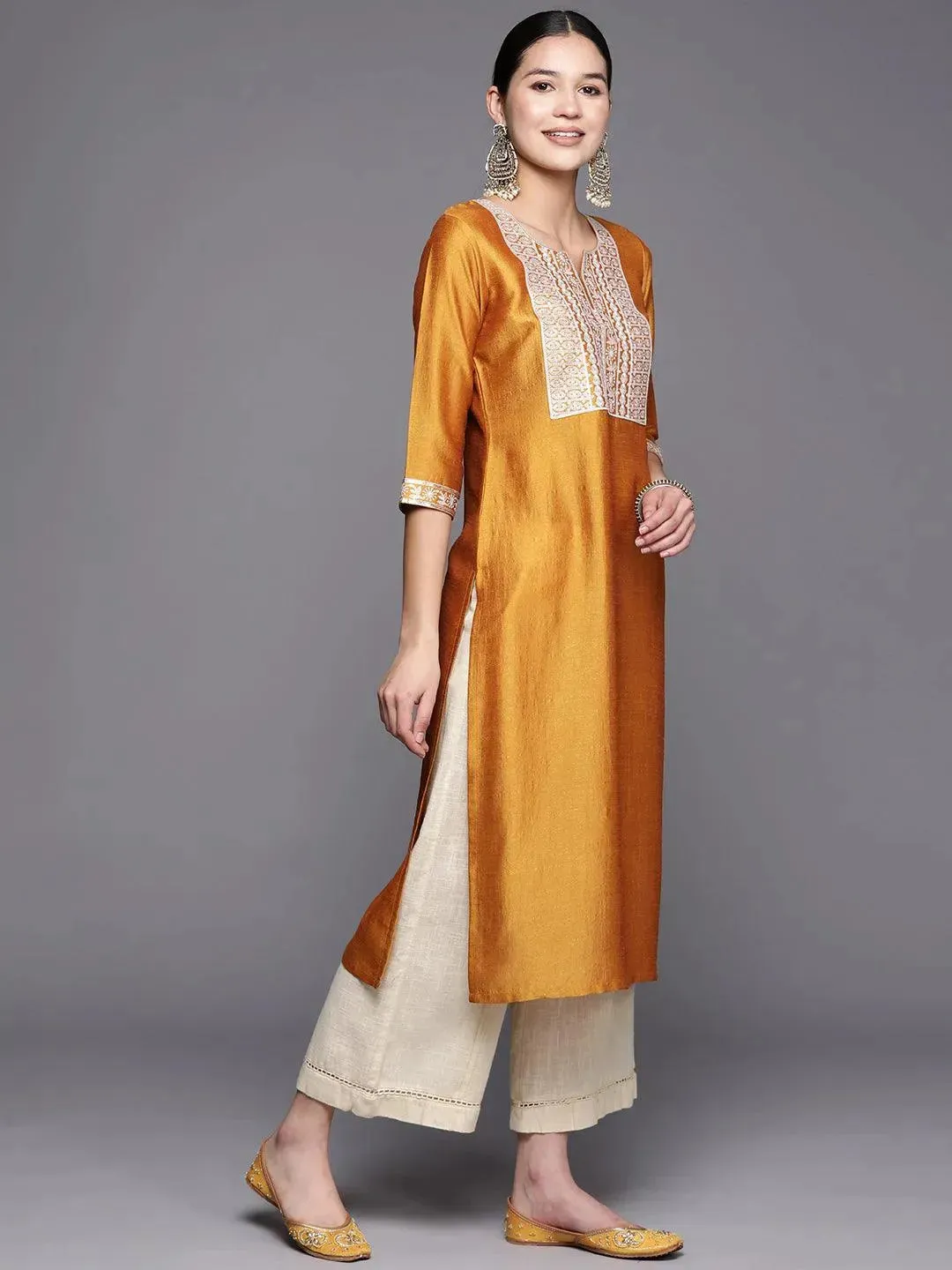 Mustard Yoke Design Silk Straight Kurta